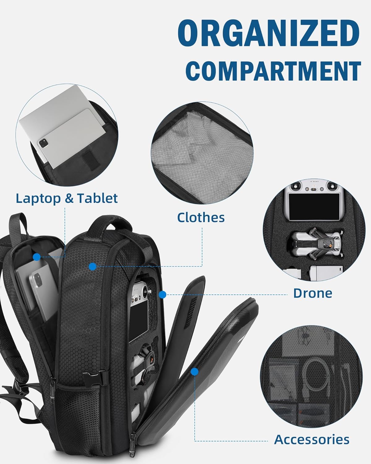 PEKREWS Mini 5 Pro Case, Expandable Mini 5 Pro Bag for DJI RC 2, RC-N3 Controller, Travel Laptop Backpack Fits 15.6 Inch Laptop, Waterproof Hard Carrying Case for DJI Fly More Combo Drone Accessories
