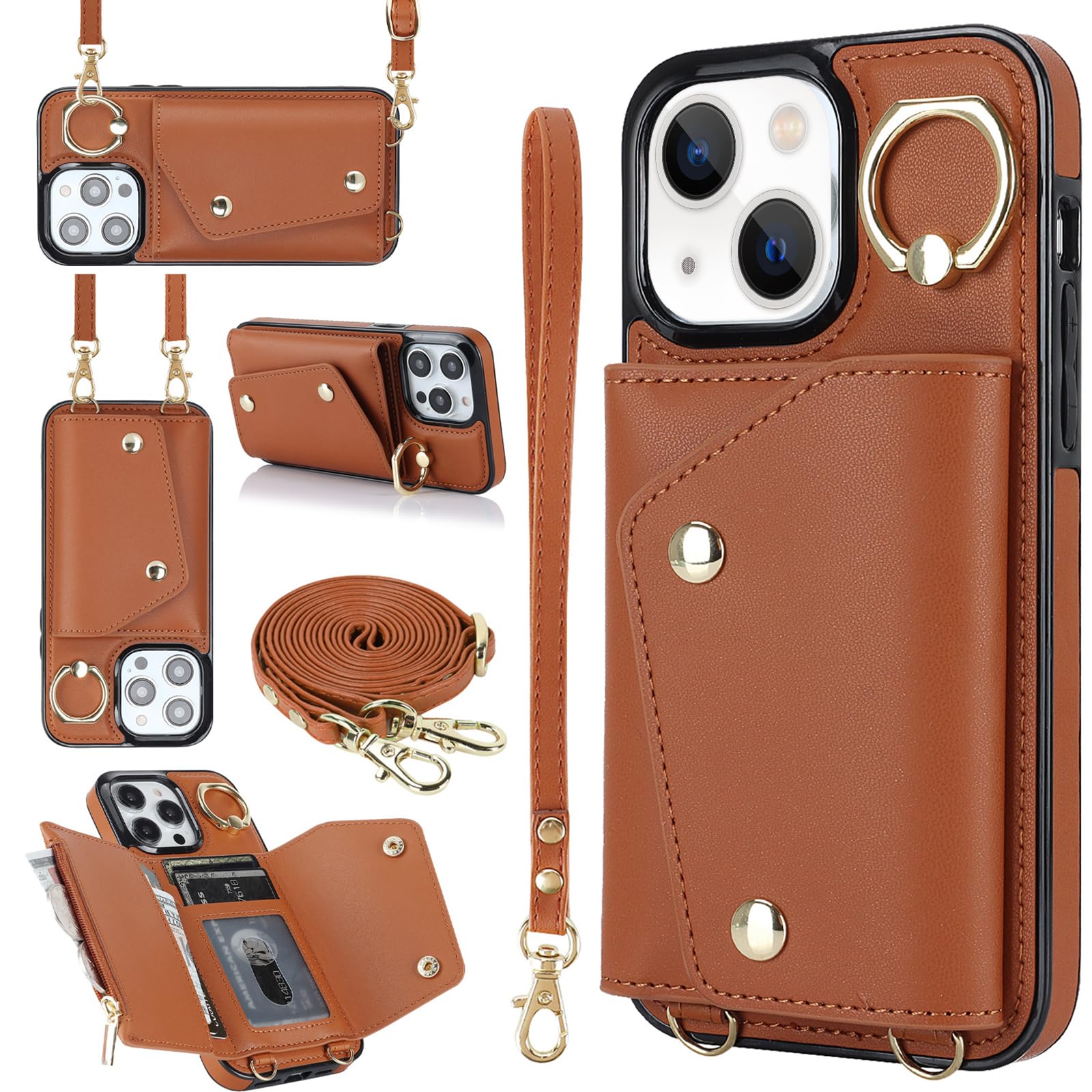 LUVI Compatible with iPhone 15 Plus Wallet Case with Card Holder Crossbody Neck Strap Lanyard Wrist Strap Purse for Women PU Leather Flip Case with Credit Card Kickstand Stand Case Brown