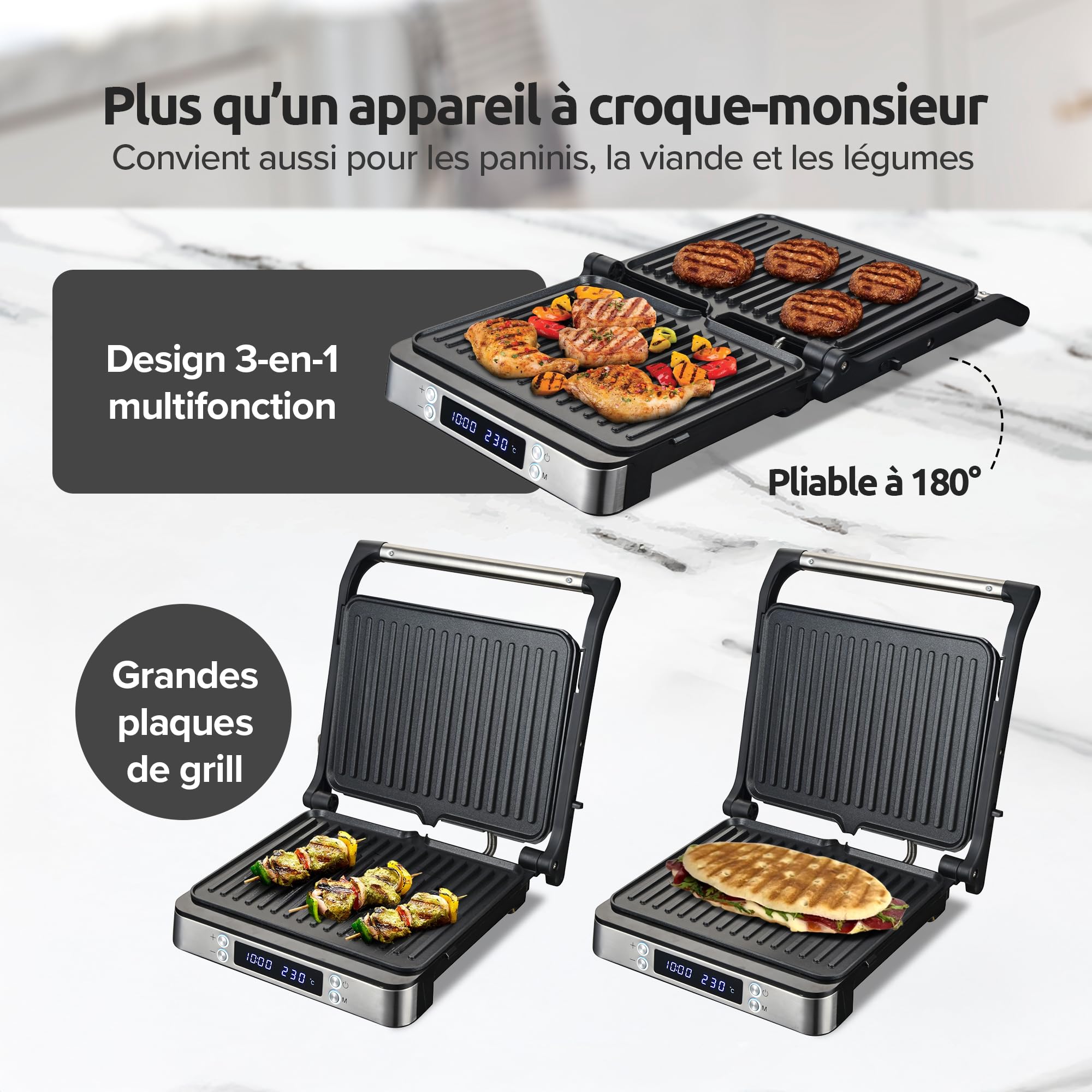Olvy Appareil à Croque-Monsieur XXL, 2000W, Sandwichmaker, Machine a Panini, 3-en-1, Gaufrier & Grille de Contact, Plaques Antiadhésives, Ouverture 180°, Température Réglable, Minuterie