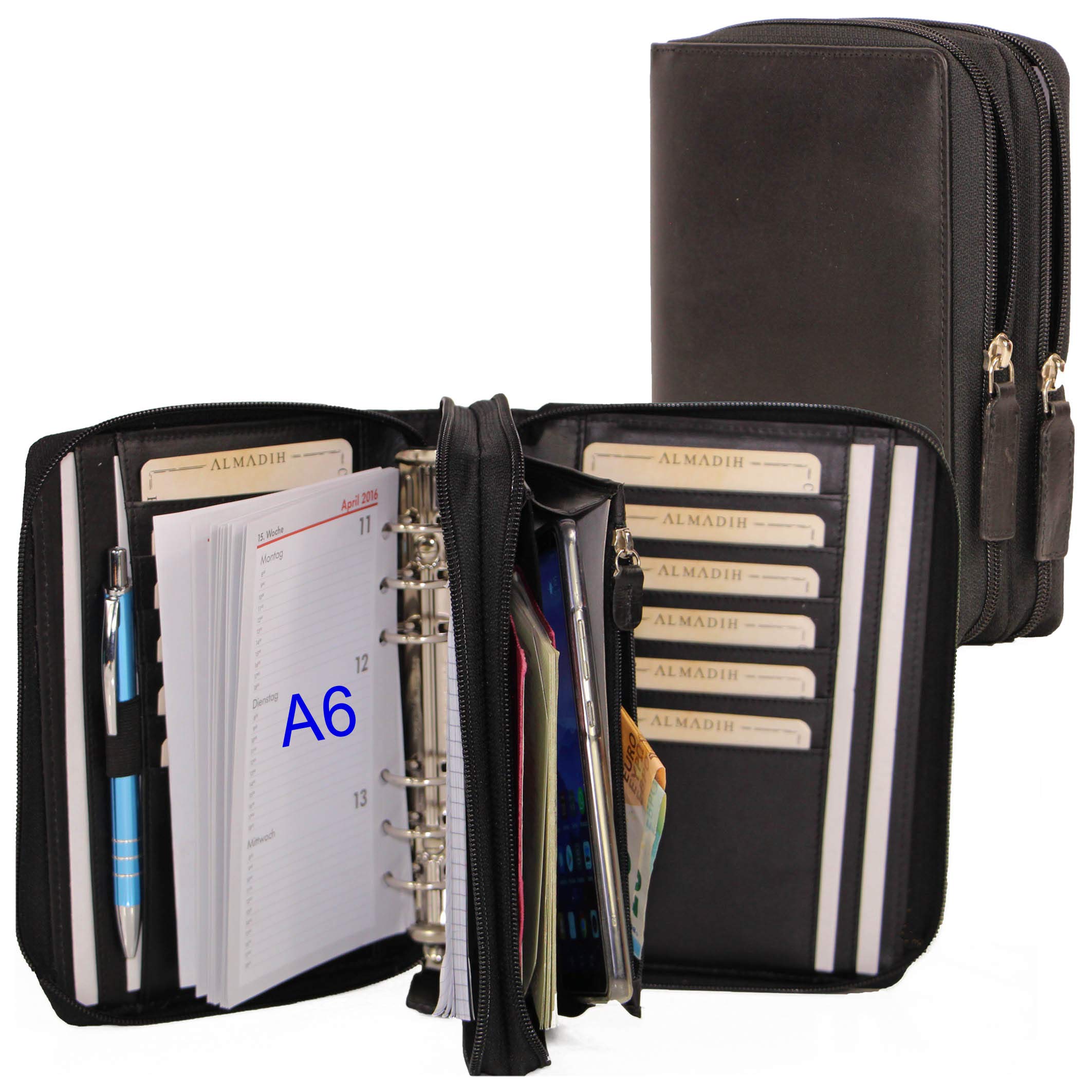 ALMADIH Leder A6 Kombimappe 2 Reißverschluss Fächer Kalender 2026 Premium Rindsleder Schwarz Geschenkbox Ledermappe Kombimappe Schreibmappe Terminplaner Terminkalender Ringbuch Notizblock(A6-K-S)