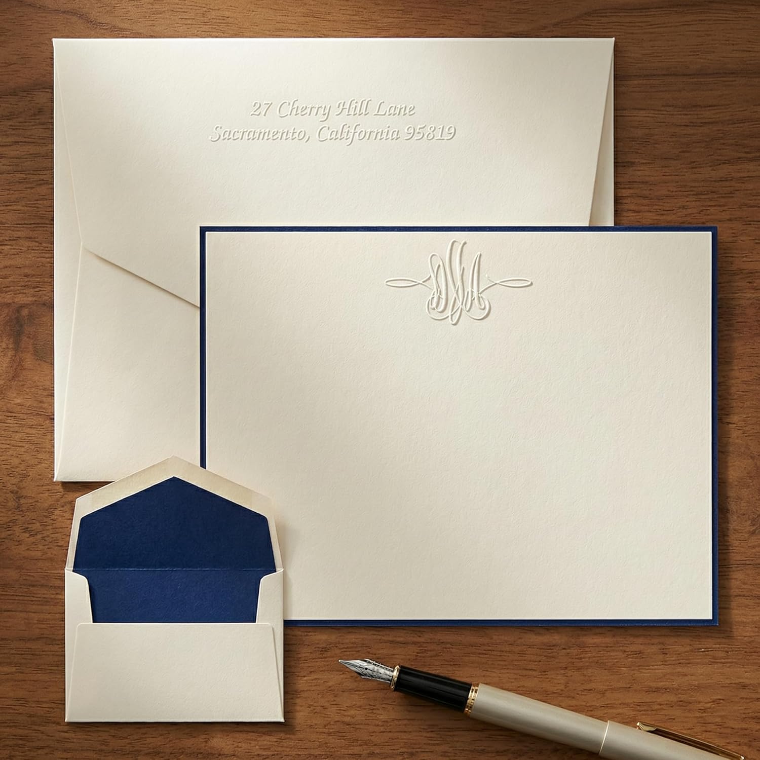 Personalized Vermont Monogram Flat Cards with Envelopes | Horizontal 4.5" x 6.25" | Triple-Thick 140 lb Cardstock | Embossed Personalization | Set of 25 | Made in USA