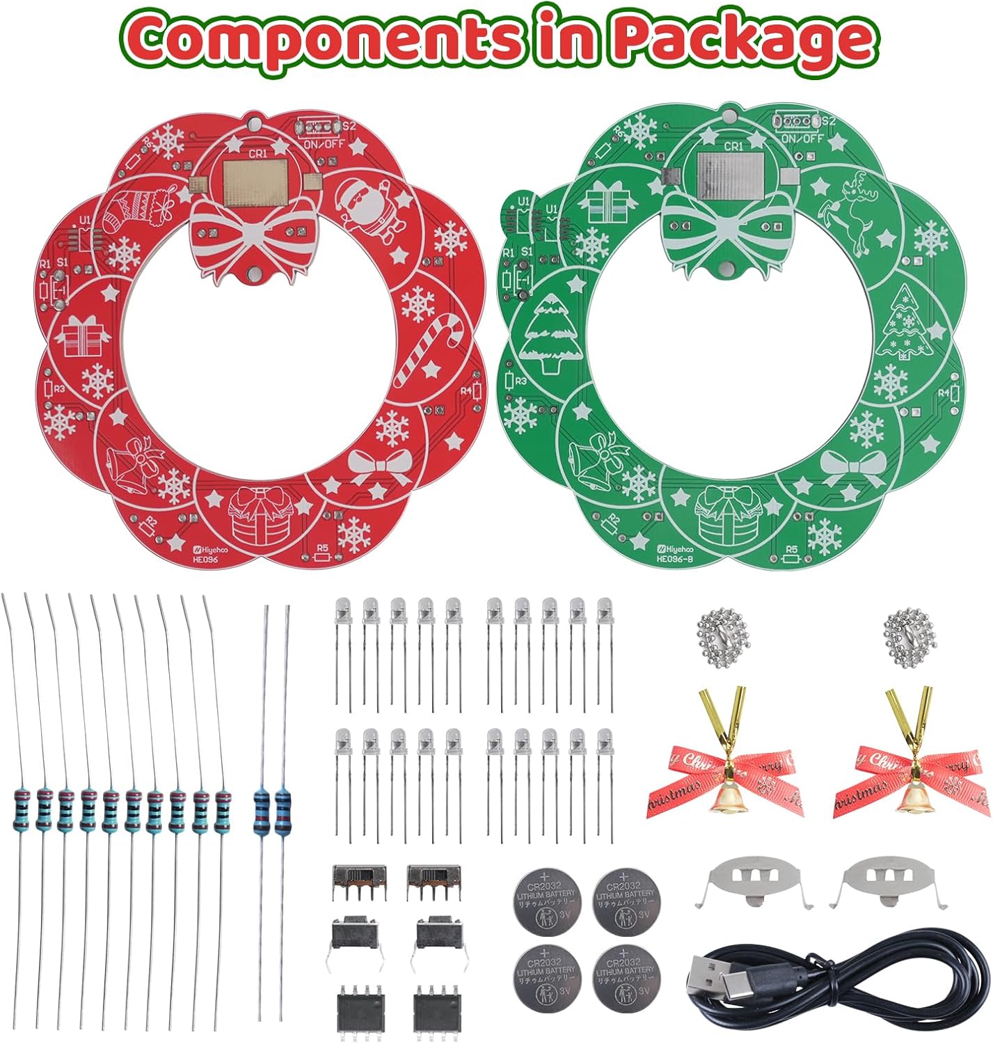 MIOYOOW 2-Pack DIY Christmas Soldering Kit, LED Flashing Christmas Tree Wreath Solder Practice Kit with 3 Lighting Modes, DIY Electronics Project for Festival Decorations & Present
