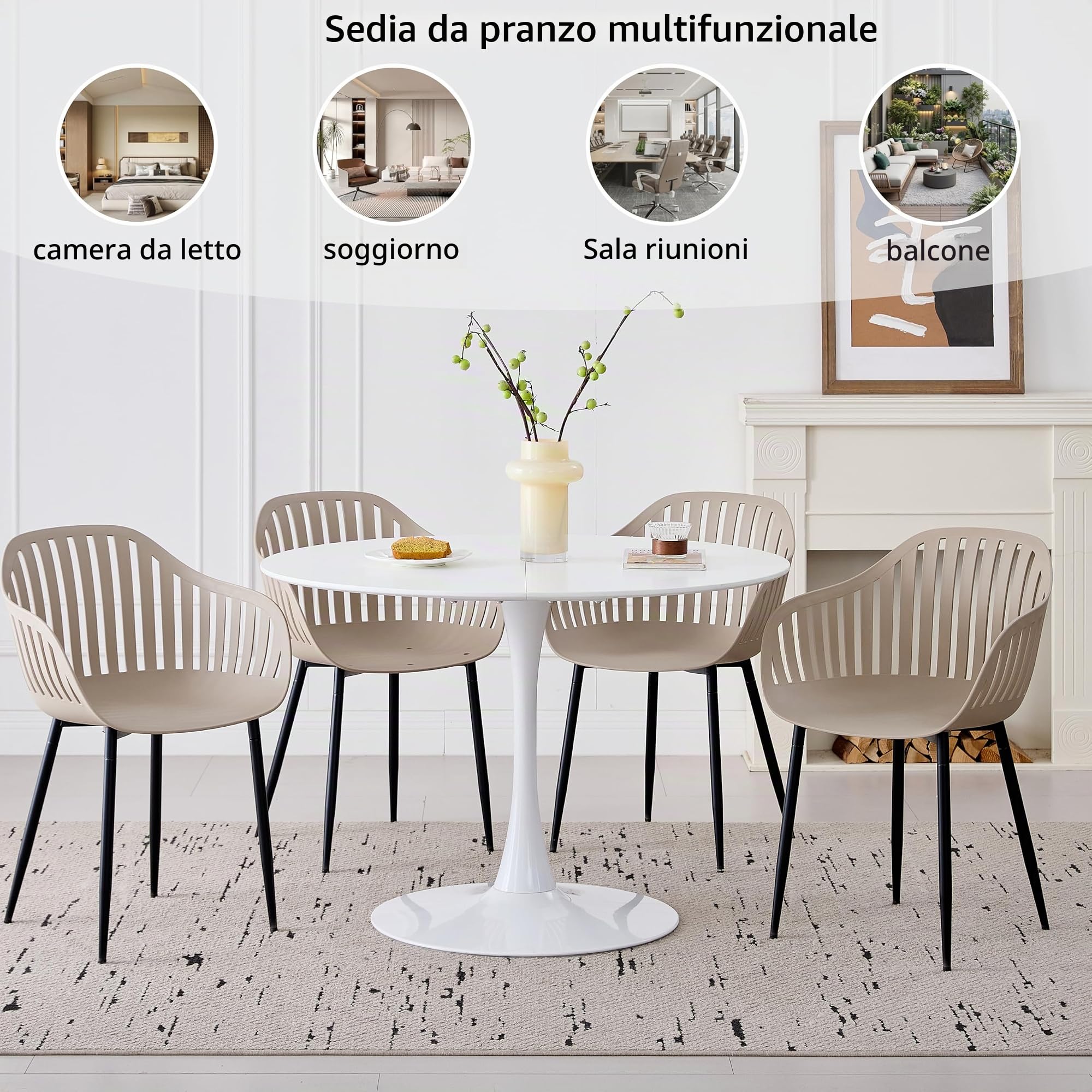 GrandCA HOME Set di 8 Sedie da Pranzo Moderne, Sedia da Cucina con Braccioli, con Schienale cavo Verticale e Gambe in Metallo Nero, Adatte per Soggiorno, Balcone, Ufficio - Cachi