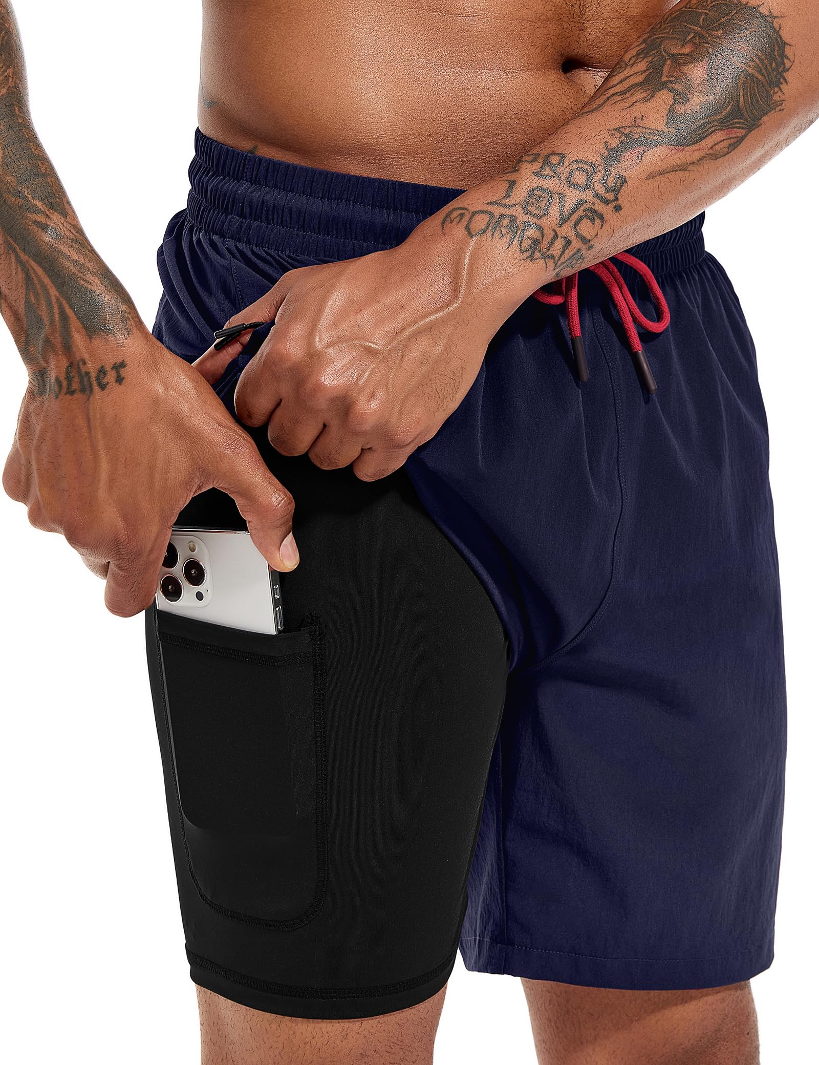 Atforna Badehose Herren Lang 2 in 1 Badeshorts mit Kompression Schnelltrocknend Atmungsaktiv Swim Shorts mit Reißverschlusstasche Verstellbar Tunnelzug