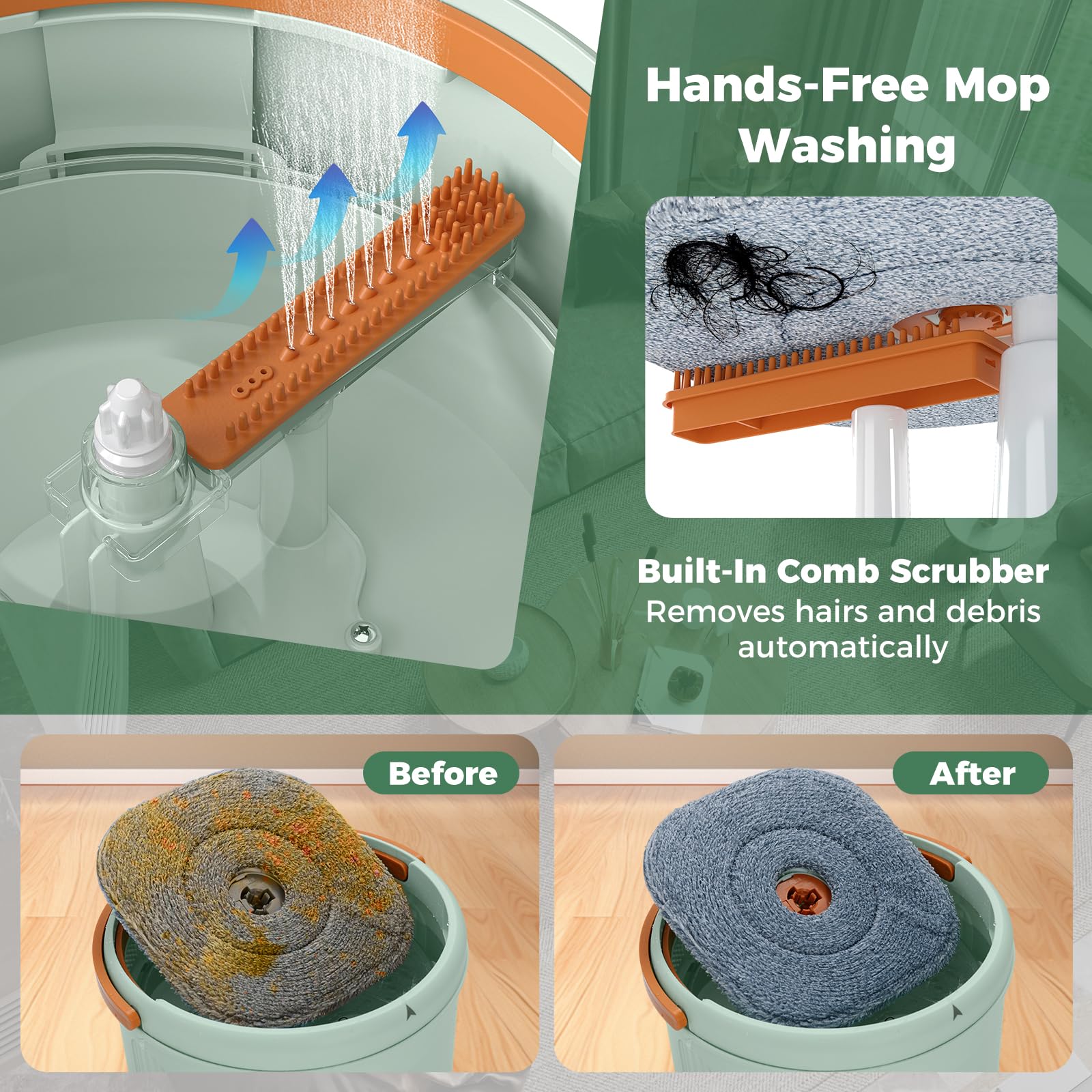 GIANTEX Juego de fregona con cubo centrifugado, fregona de microfibra con cabezal giratorio 360°, 2 paños de microfibra, mopa para aplicación en seco y húmedo (verde+2 paños de mopa)