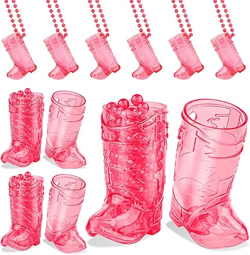 Juego de 24 vasos de chupito de botas en collar de cuentas, 1 onza de plástico para botas de vaquera, collares de cristal para el equipo para