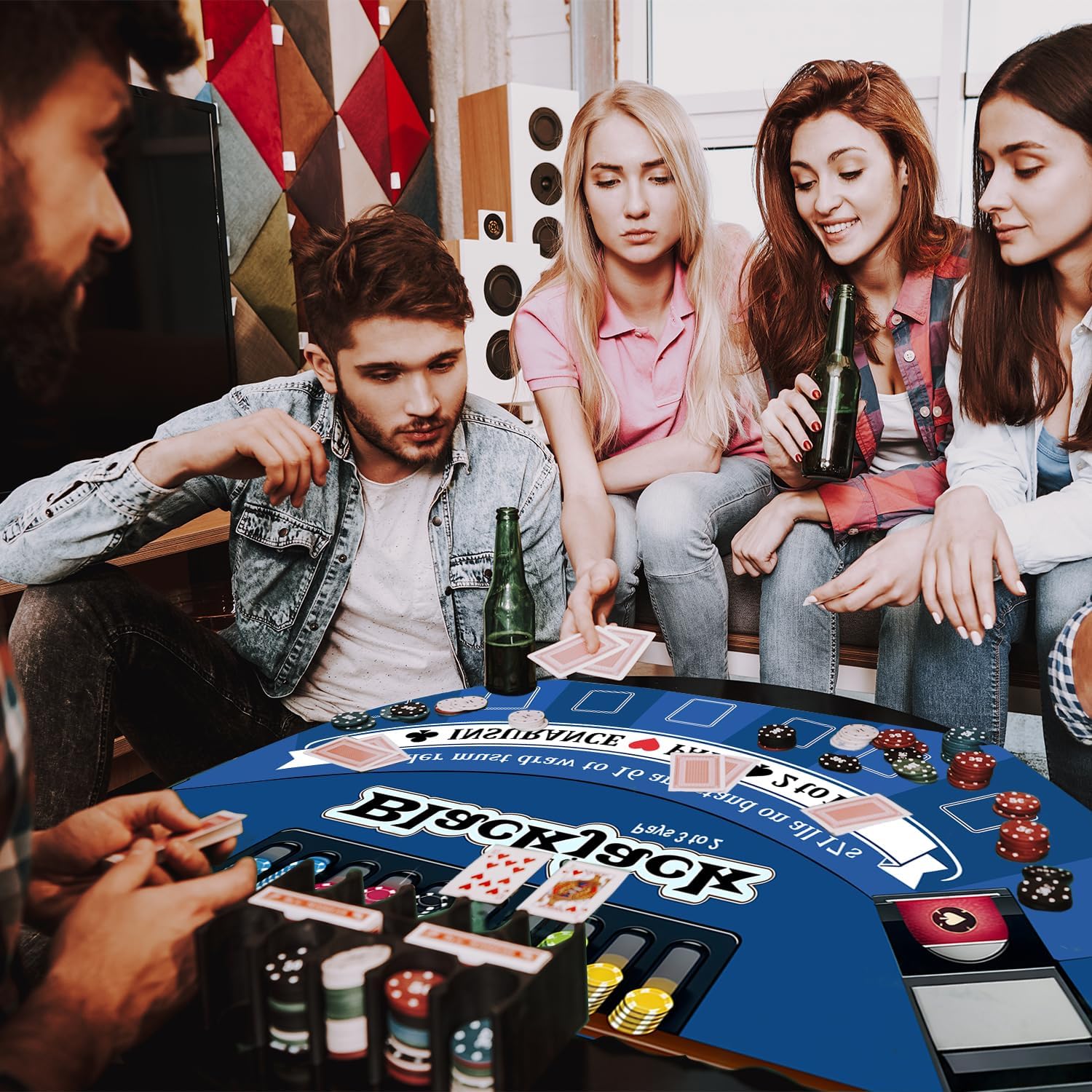 70" x 35" Blackjack Table Mat, Non-Slip Rubber Backing Waterproof Tear Resistant Blackjack Mat, Casino Style Tabletop Layout for Home Game Nights Parties Card Tables, Fits 6-8 Players