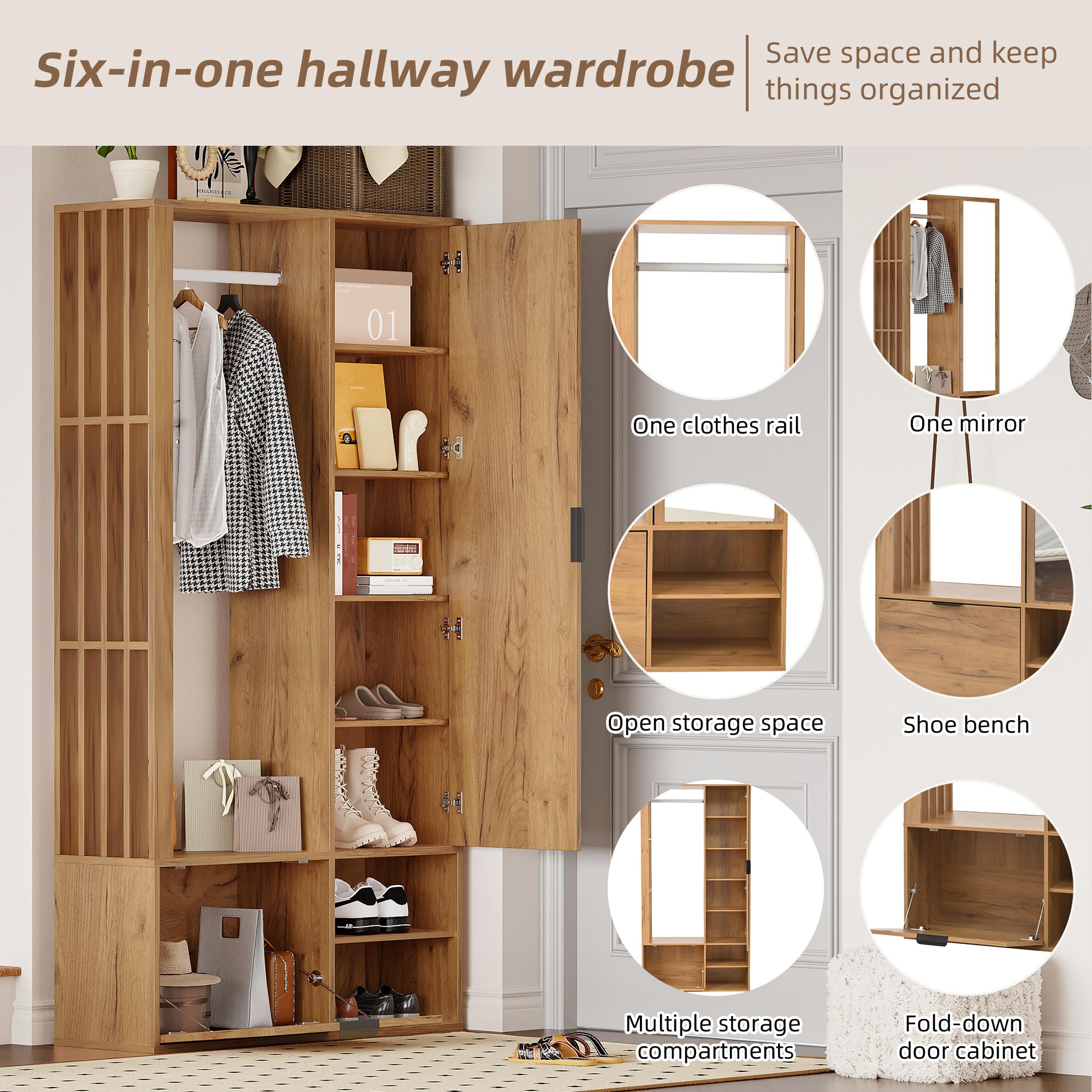 Meuble d'Entrée avec Banc,6-in-1,Porte-Manteaux,Miroir,Vestiaire,Tringle à Vêtements,2 Portes,3 Etagères de Rangement,2 EtagèRes Pour Chaussures Couloir