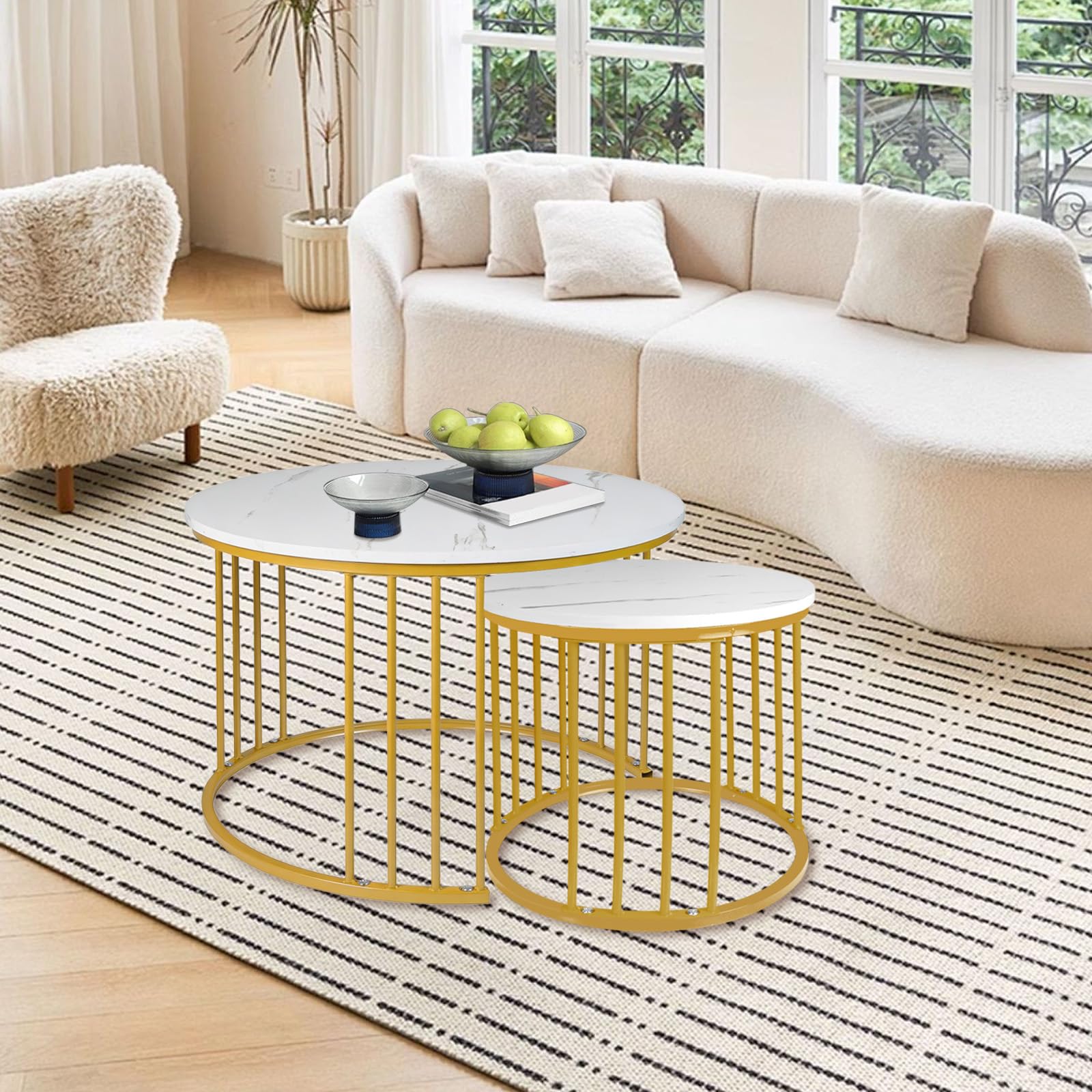 OHMG Set mit 2 Beistelltischen, rund, 70/50 cm, runder Beistelltisch, modernes Design, Wohnzimmertisch aus Marmor, mit Fuß aus Stahl (weißer Marmor + goldene Beine)