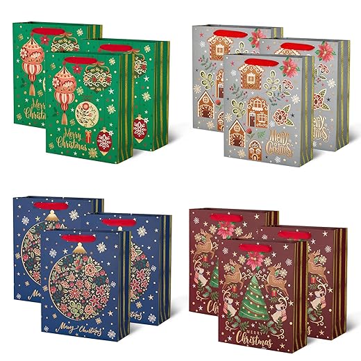 PAPER FAIR 12Pcs Red Green Metallic Gold Christmas Gift Bags Bulk, Medium 9x7 In, Gilded Xmas Tree Noel Gift Wrap Bags, Mistletoe Foiled Paper Favor Bag Gift Packaging for Thanksgiving Holiday New Year Party