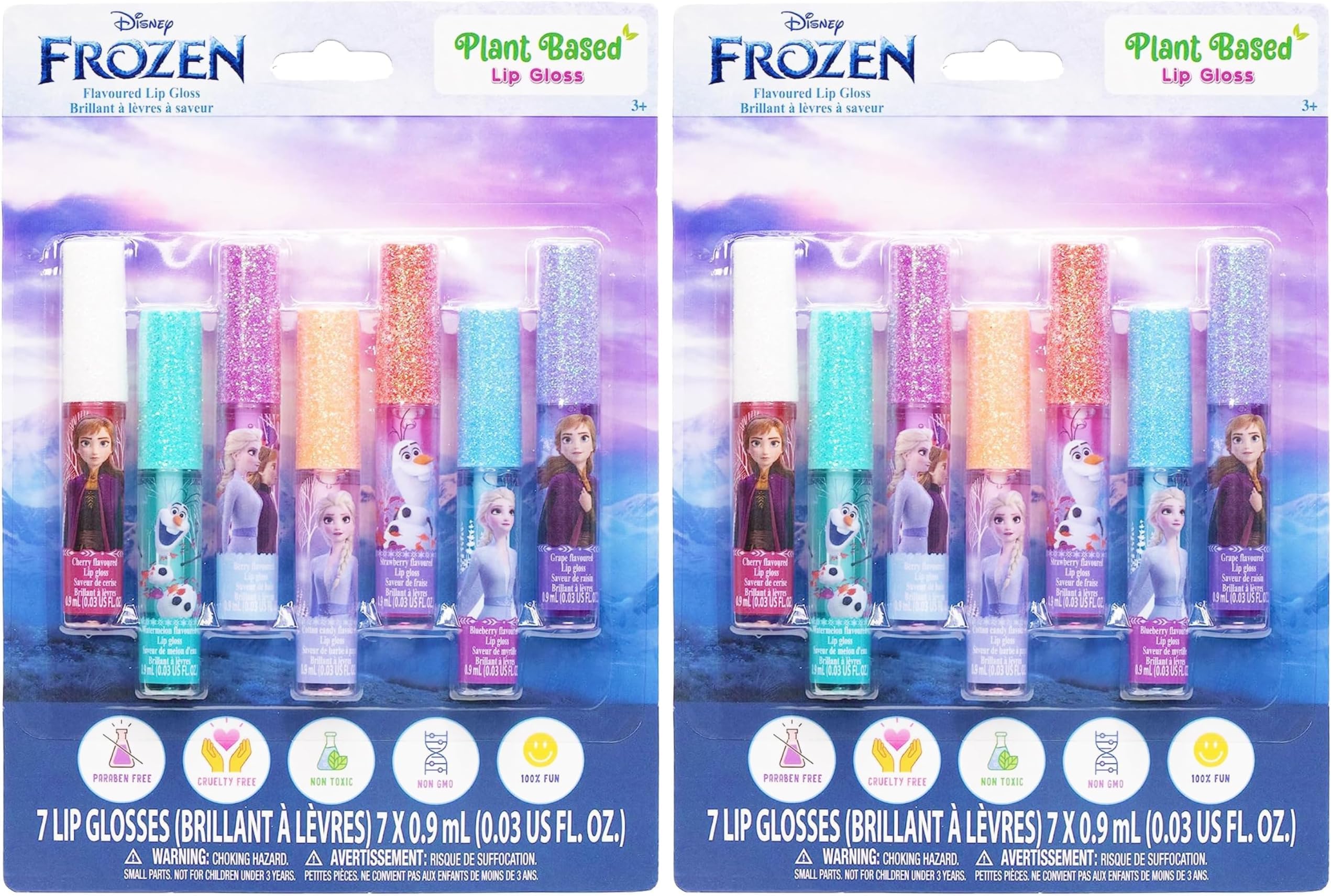 Townley Girl Disney Frozen Plant Based Vegan 7 PC Flavored Lip Gloss Set For Girls – Ideal for Sleepovers, Makeovers, Party Favors and Birthday Gifts! - Age: 3+ (Pack of 2)