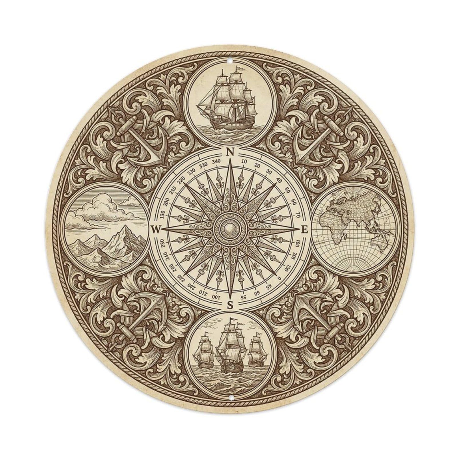 Vintage Nautical Compass World Map Barometer Legacy Metal Tin Sign
