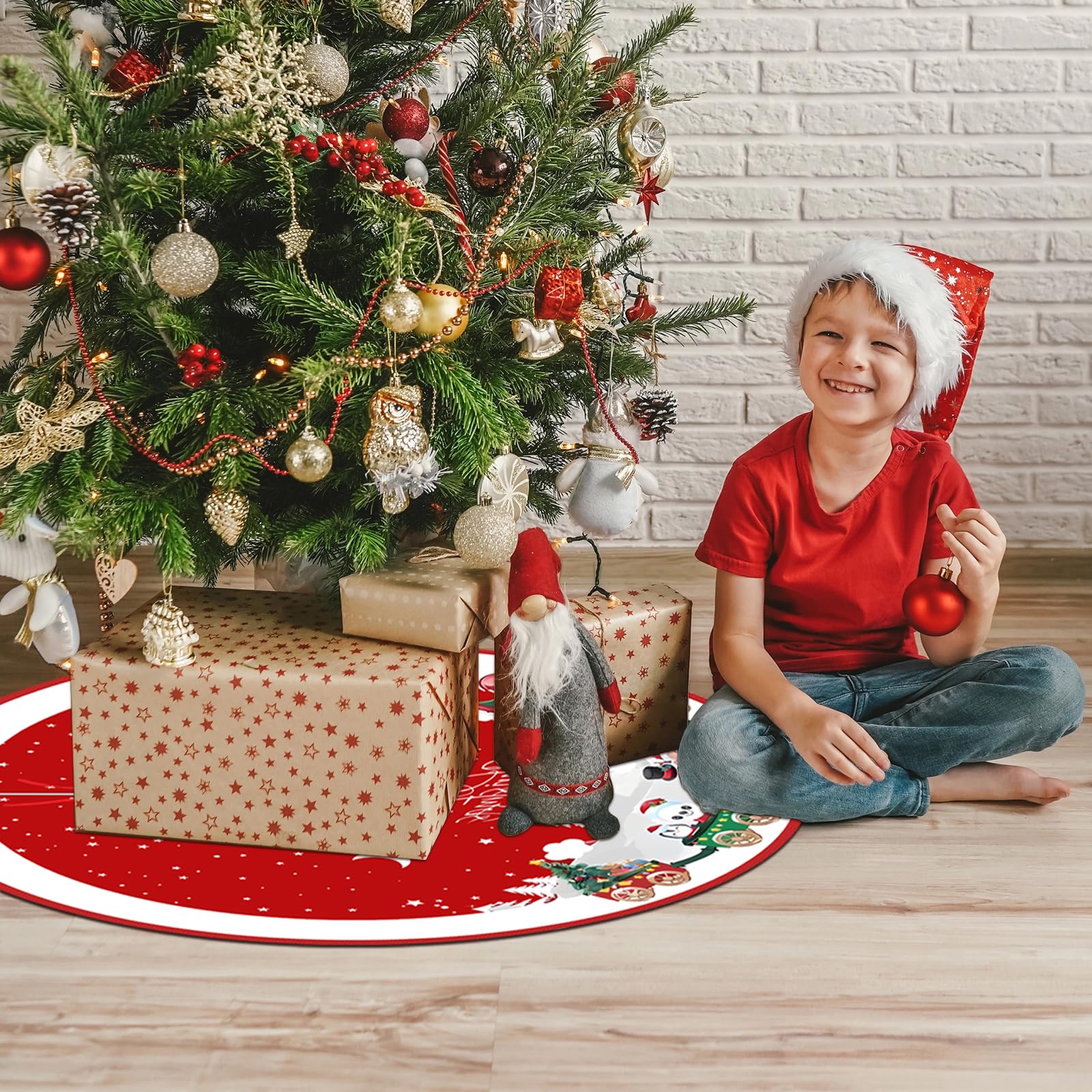 Falda de Árbol de Navidad, Alfombra de Árbol de Navidad, con Motivos de Muñecos de Nieve, Copos de Nieve y Trenes, para la Decoración Navideña del Hogar, Rojo