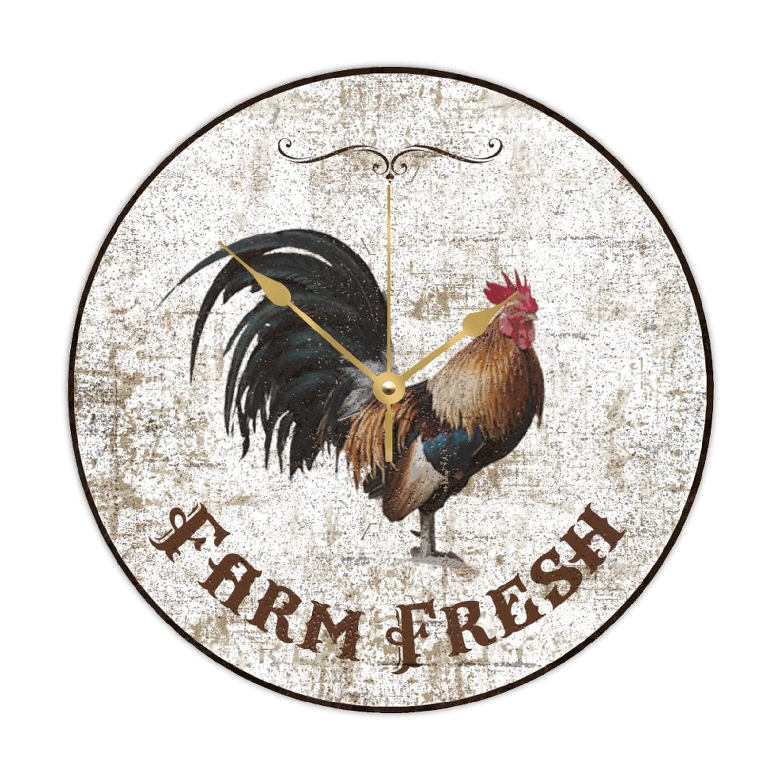 Horloge ronde en bois Rooster Farm silencieuse de 38 cm pour cuisine