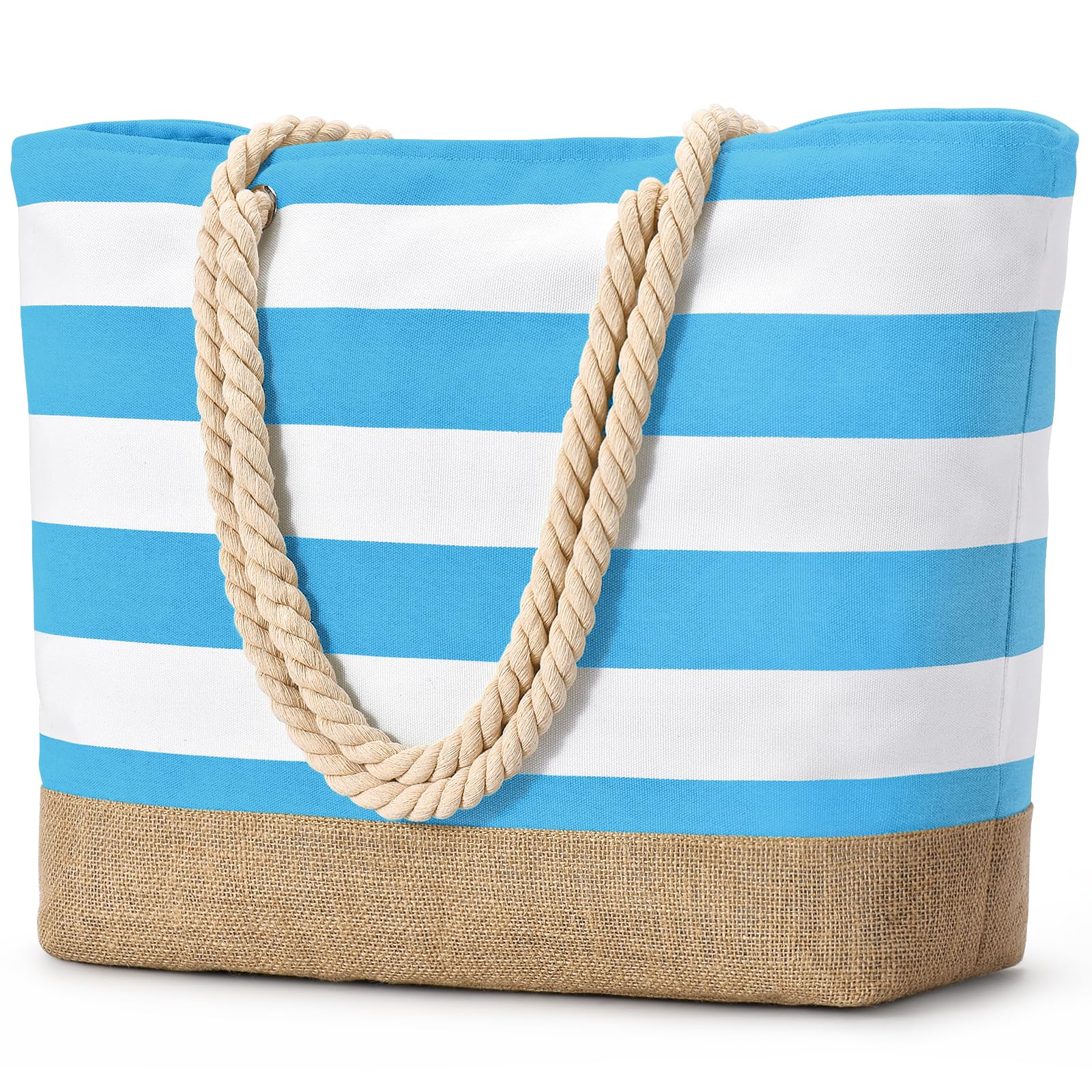 Becokan Beach Bags for Women Large Canvas Jute Beach Tote Waterproof Sandproof Swim Pool Bag Travel Vacation Essentials