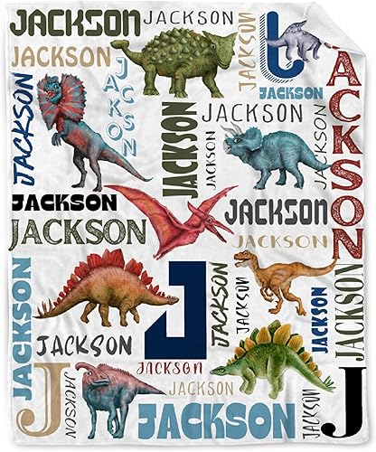BUYYET Manta de franela de vellón con nombre personalizado de dinosaurio con nombre para niñas, niños, recién nacidos, regalos personalizados, manta