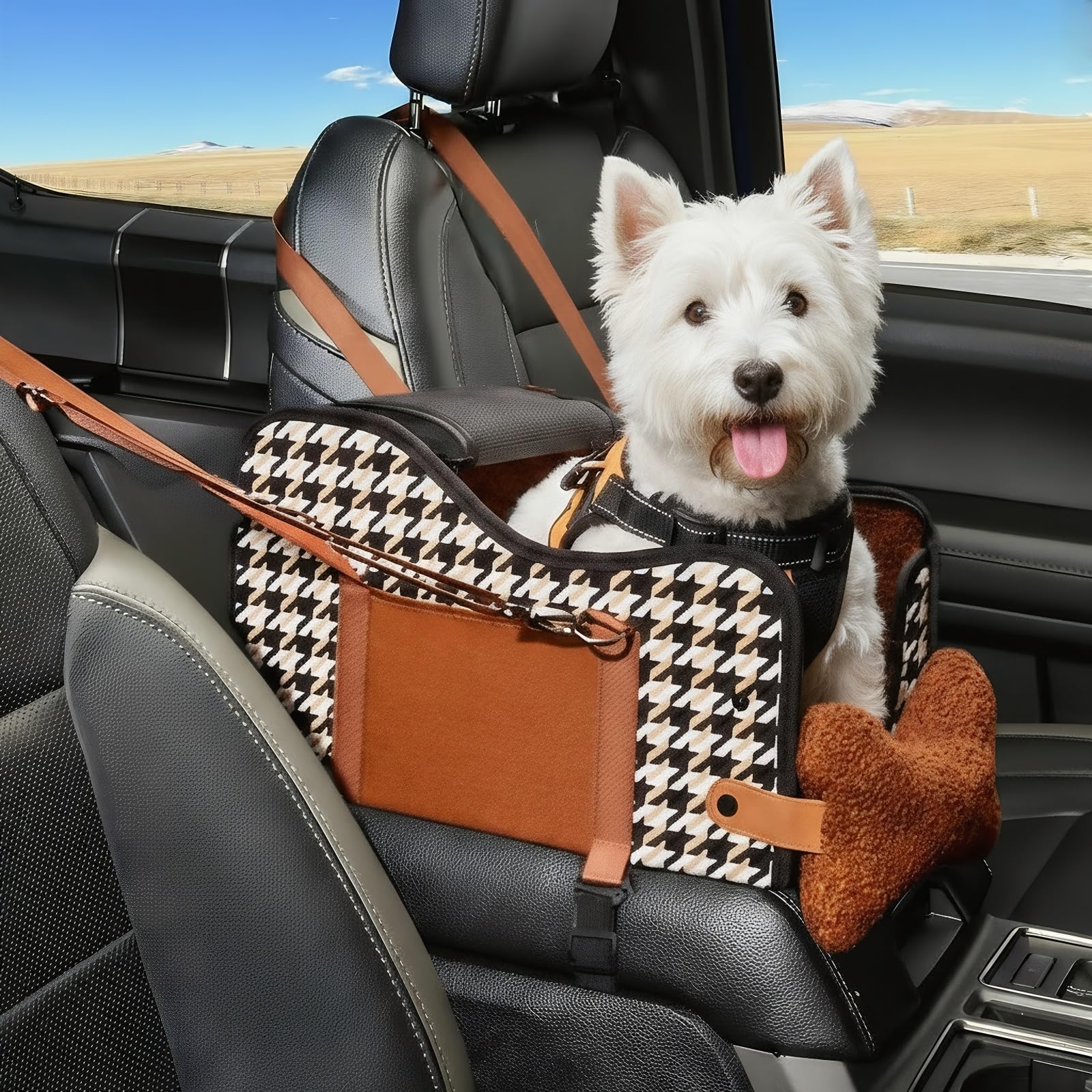Center Console Dog Car Seat,Pet Puppy Car Seat,Middle Console Dog Armrest Booster Seat for Small Dogs;Cats,42 * 25 * 23 (Orange houndstooth)