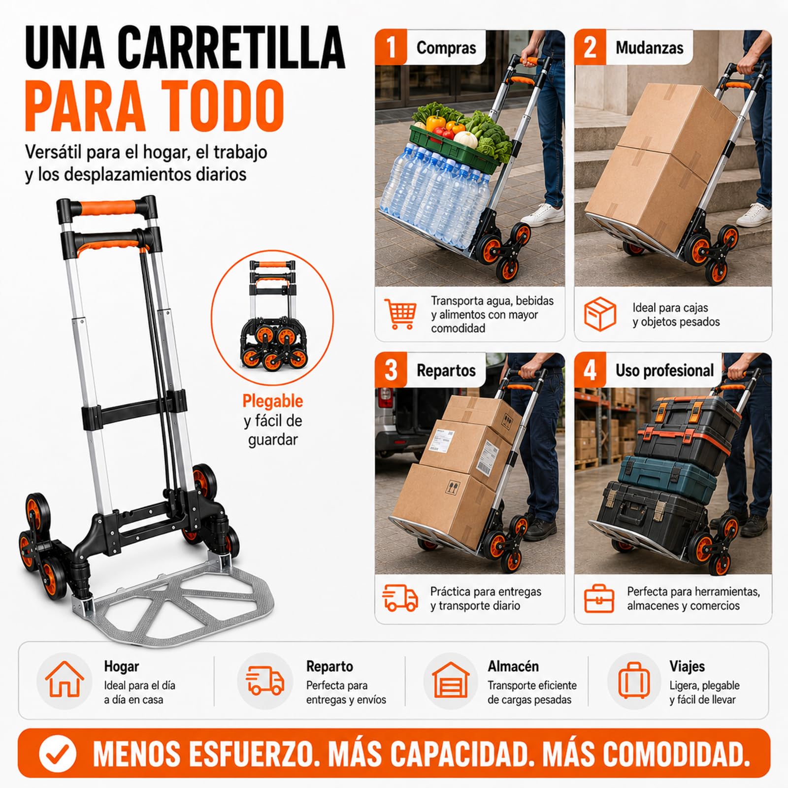 Carro Plegable para Subir escaleras, Carro de Alta Resistencia con Capacidad de Carga de 180 kg, Ruedas y asa telescópica, Adecuado para el Transporte doméstico