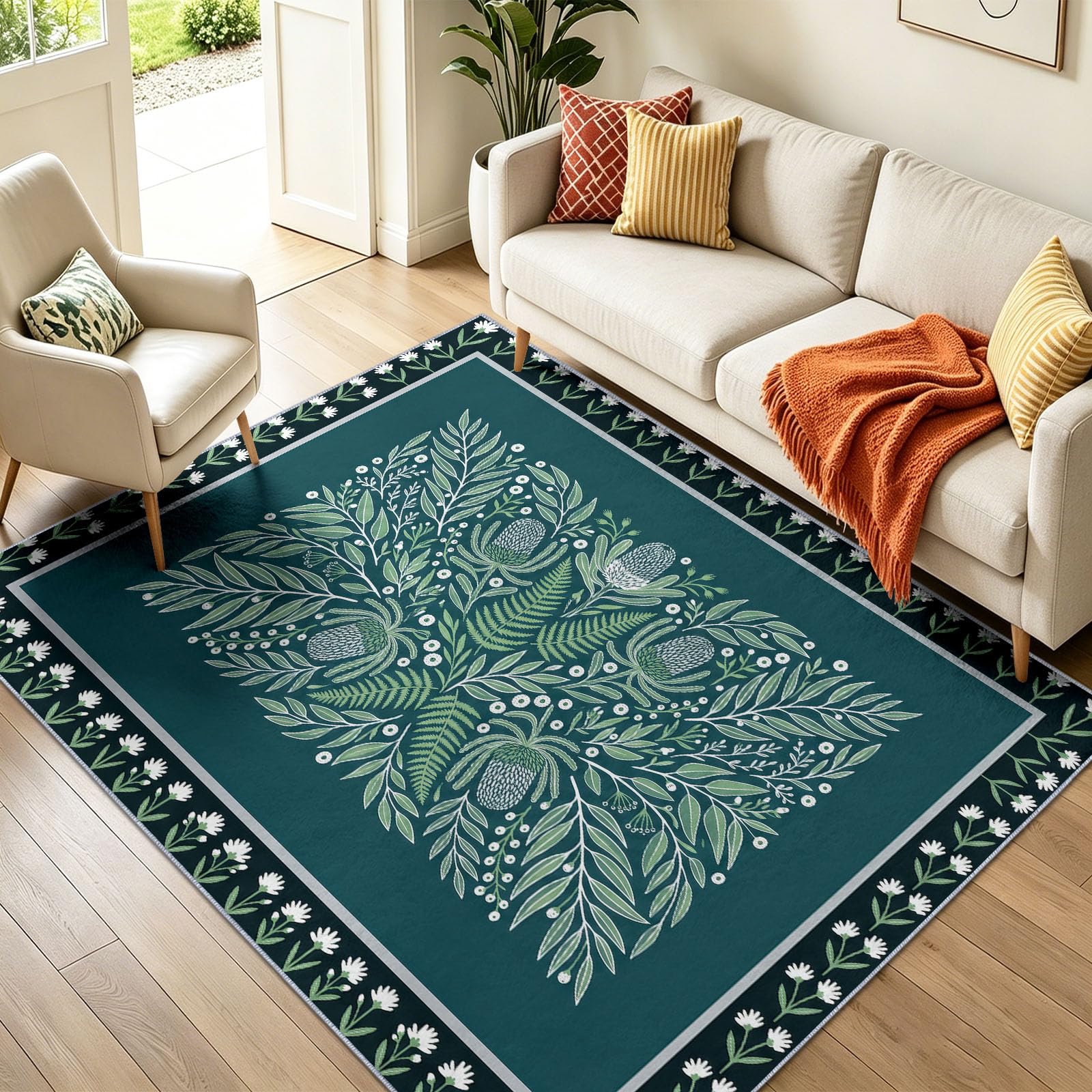 Nature Style Scandinave Tapis Salon, Fougères Feuilles Fleurs Pissenlits Imprimé Moquette Chambre Meubles Décor, Vert Foncé Résistant Aux Taches Facile À Nettoyer Support en Caou Tapis, 100 x 150 cm