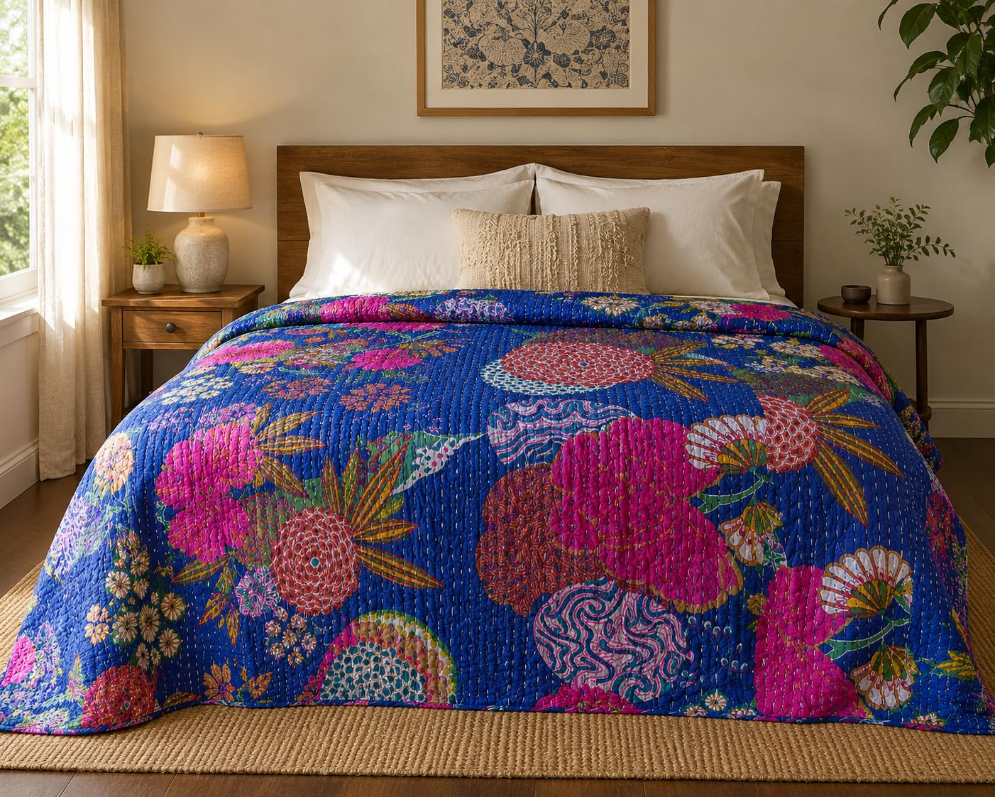 Handicraft Cotton Hand Embroidery Kantha Quilt Kantha Bed Cover Handmade Kantha Bedspread Kantha Blanket Throw-09 (Twin, 60x90 Inches, Single Bed)-image-36