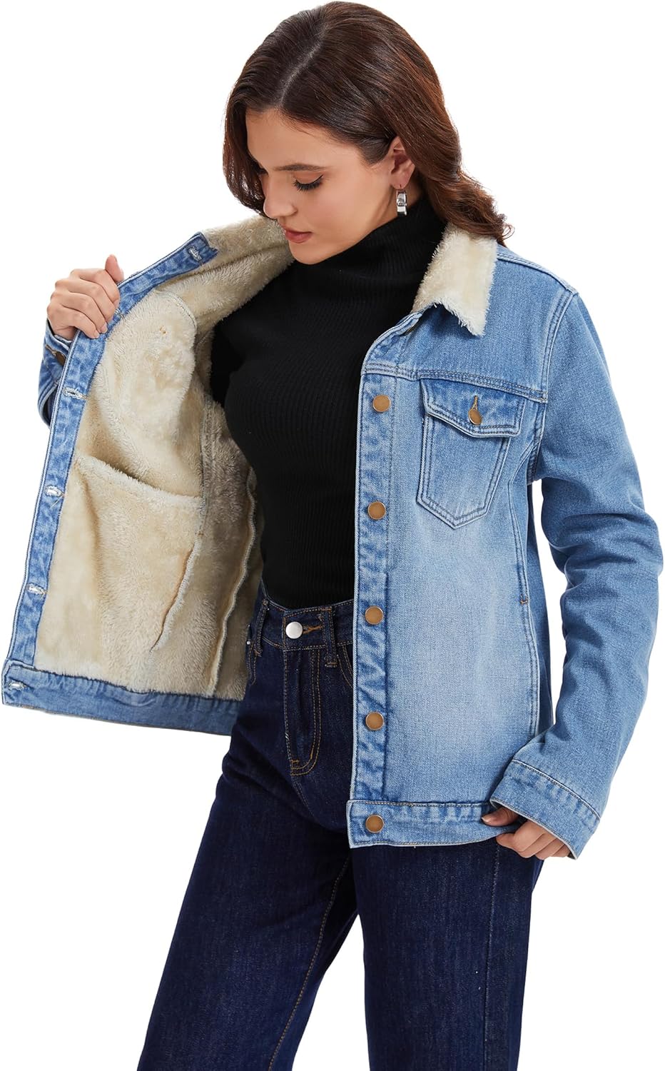 J.Corrine Women's Sherpa lined Denim Trucker Jacket Winter warm fleece faux fur collar Casual Jean Coat with 6 Pockets - Image 7