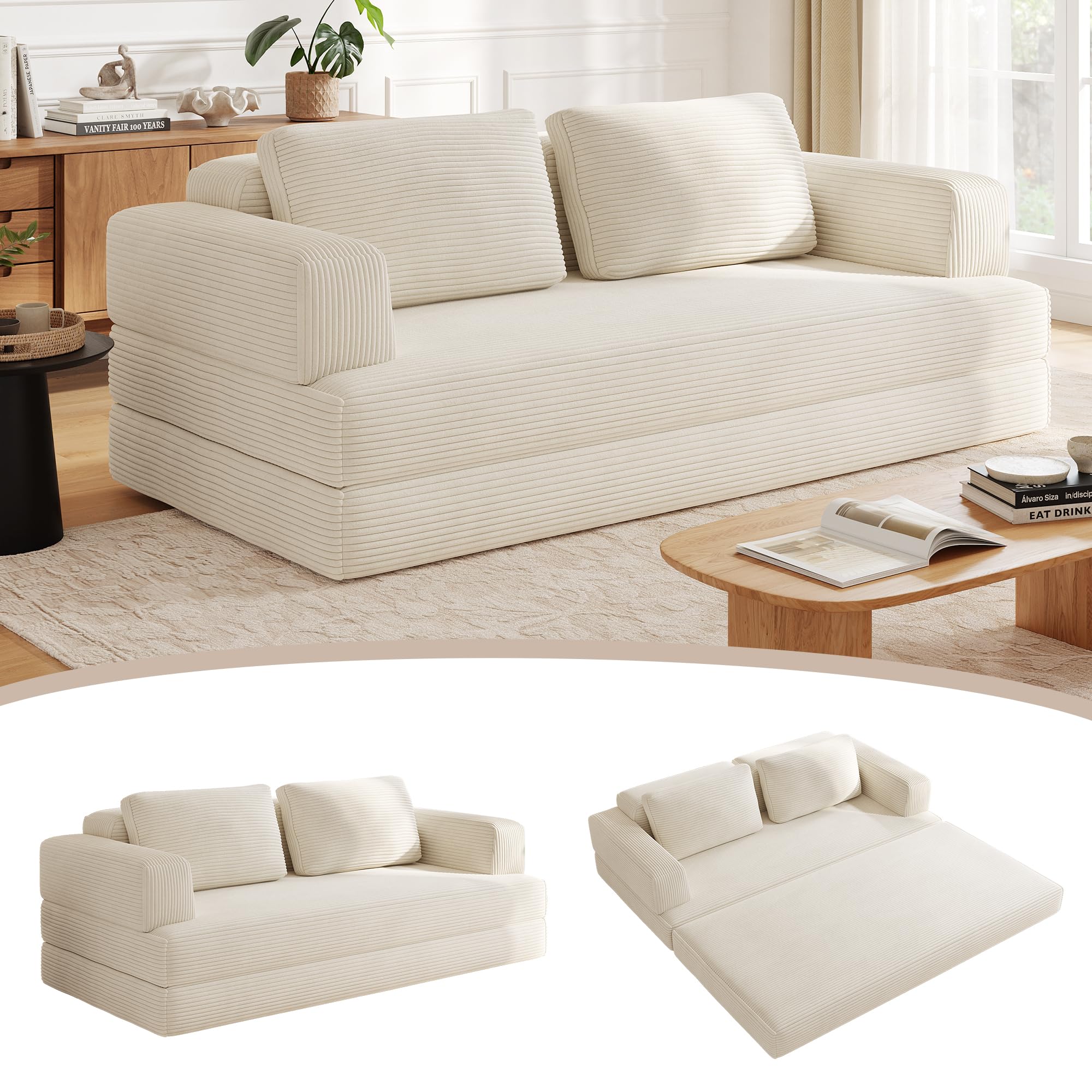 Sofá Cama 2 Plazas 160 cm, Sofá de Suelo Modular con Función de Dormir, Sofá de Nubes de Pana con Cojín para Sala de Estar y Dormitorio (Blanco)