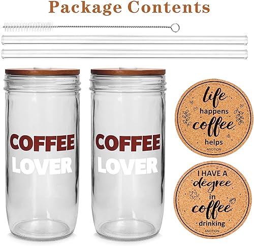Miniatura 3 de ANOTION Taza de café helado, tarro Mason con tapa y pajilla, vaso de boca ancha de 24 onzas, vasos reutilizables para beber batidos y agua, botellas