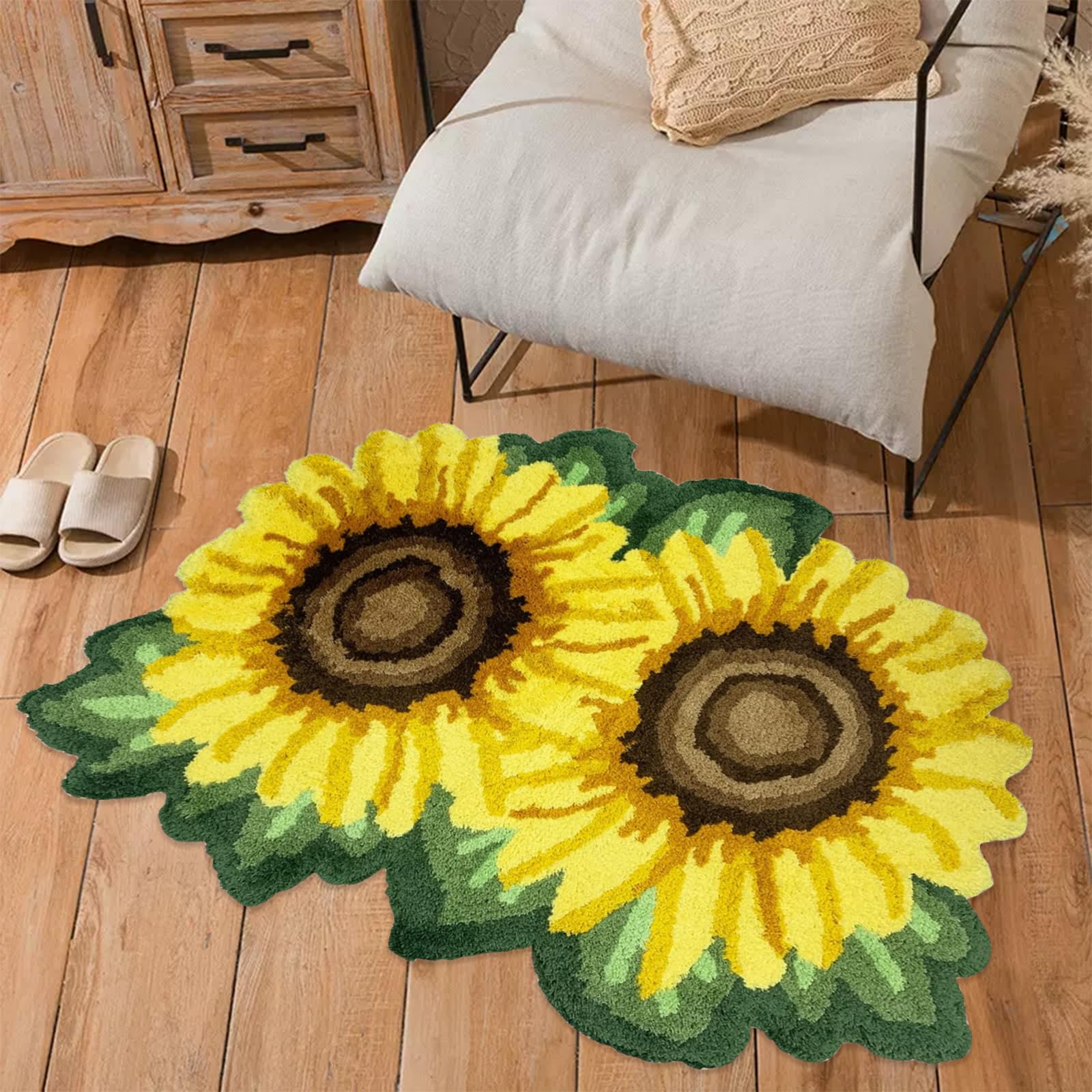 Lacomfy Sunflower Bathroom Rugs, Flower Shaped Rugs Non Slip Absorbent Handmade Floor Mat Washable Thick Area Rugs for Farmhouse Bedroom Living Room,