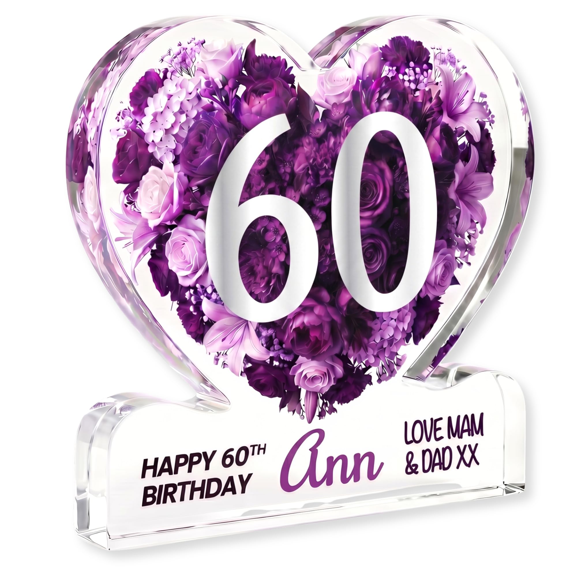 MyKeepsy Personalised 60th Birthday Plaque – Custom Name & Message Heart Acrylic Keepsake, Floral 60 Decoration Gift, 5 Colour Options (Royal Purple)