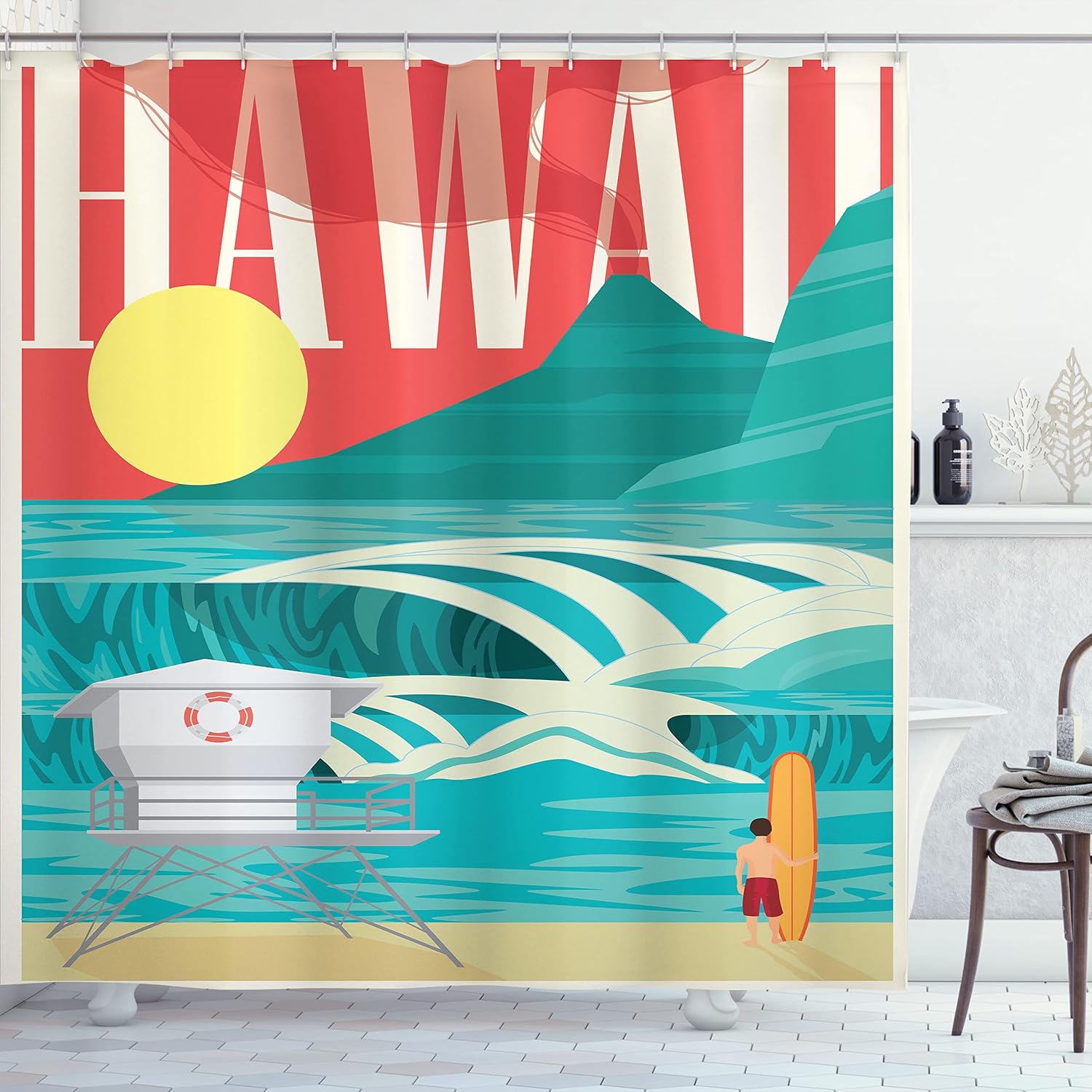 Ambesonne Hawaiian Shower Curtain, Hawaii Sandy Coastline Sunny Day Surfboard Tropics Famous Honeymoon Destination, Cloth Fabric Bathroom Decor Set with Hooks, 69" W x 84" L, Sand Teal 69" W x 84" L Sand Teal