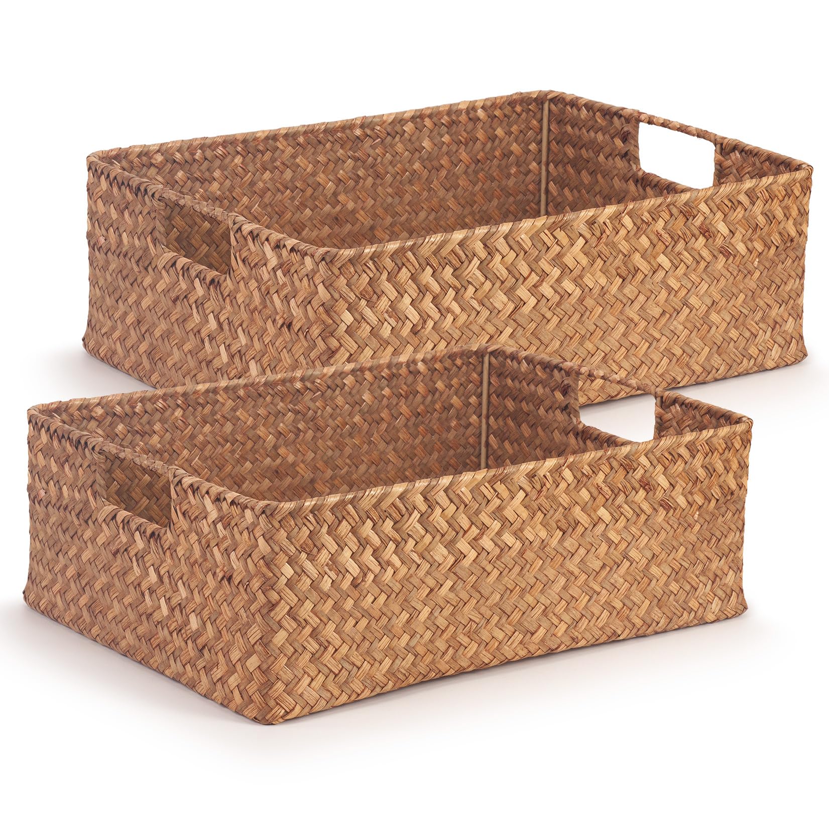 Woodluv Set Of 2 Rectangular Shelf Basket Storage Basket Set Of 2, Basket For Shelves, Rectangular Hand Woven Storage Wardrobe Organiser, Hamper Baskets, Brown