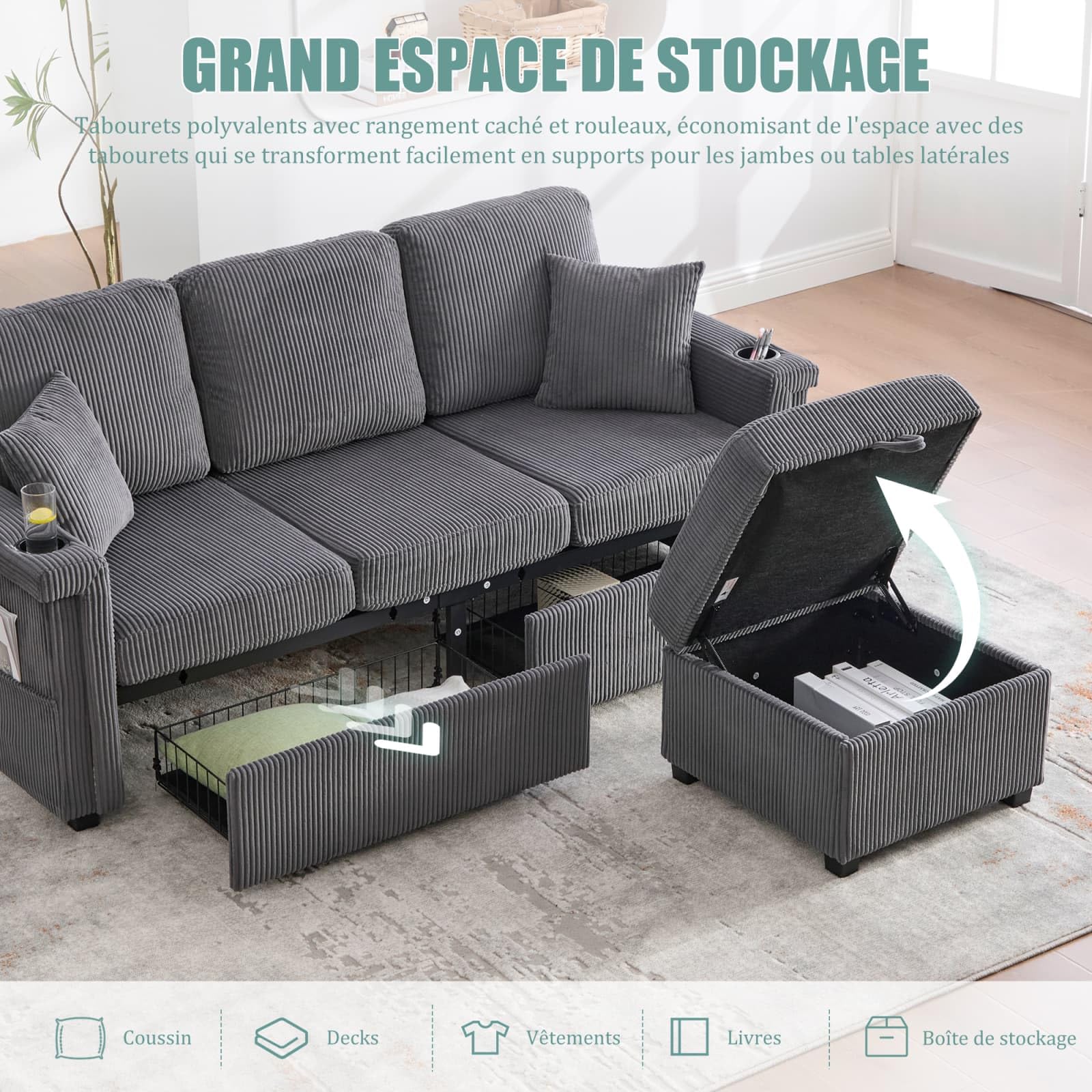 KOMHTOM Canapé 3 Places en L avec 2 Ttiroirs, Tabouret de Rangement, Lampe LED, Port USB/Type-C et Cadre en Bois - Canapé Velours Côtelé Multifonctionnel (Gris foncé, B)