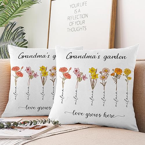 Miniatura 2 de Customized Birth Month Flowers Pillow Case, Personalized Mothers Day Birthday Gifts for Grandma from Granddaughter Grandson, Grandma's Garden