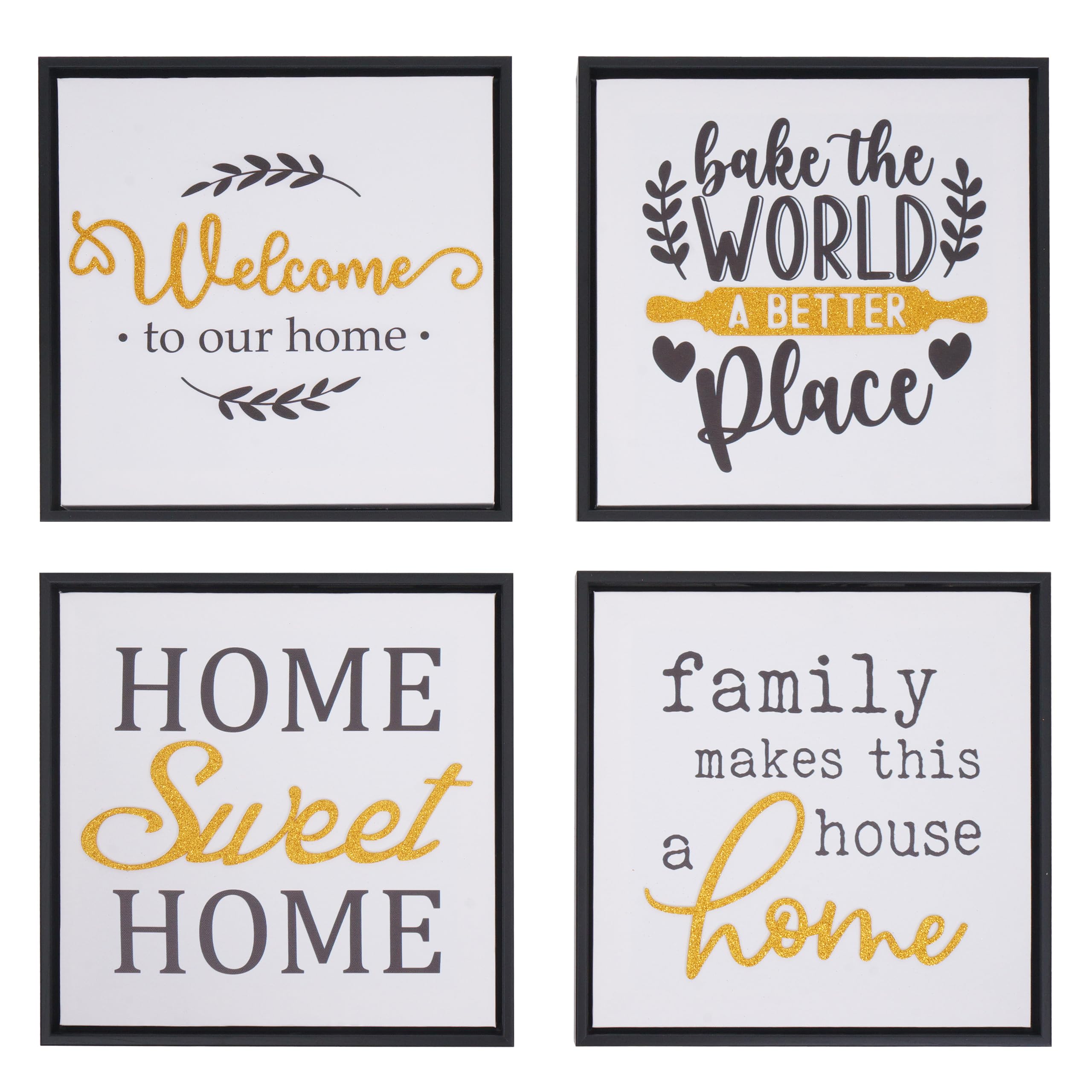 Mendler Zestaw 4 obrazów ściennych HWC-N96, dekoracja ścienna, ramka na zdjęcia z sentencjami Sweet Home Welcome World Family, drewniane płótno 30 x 30 cm