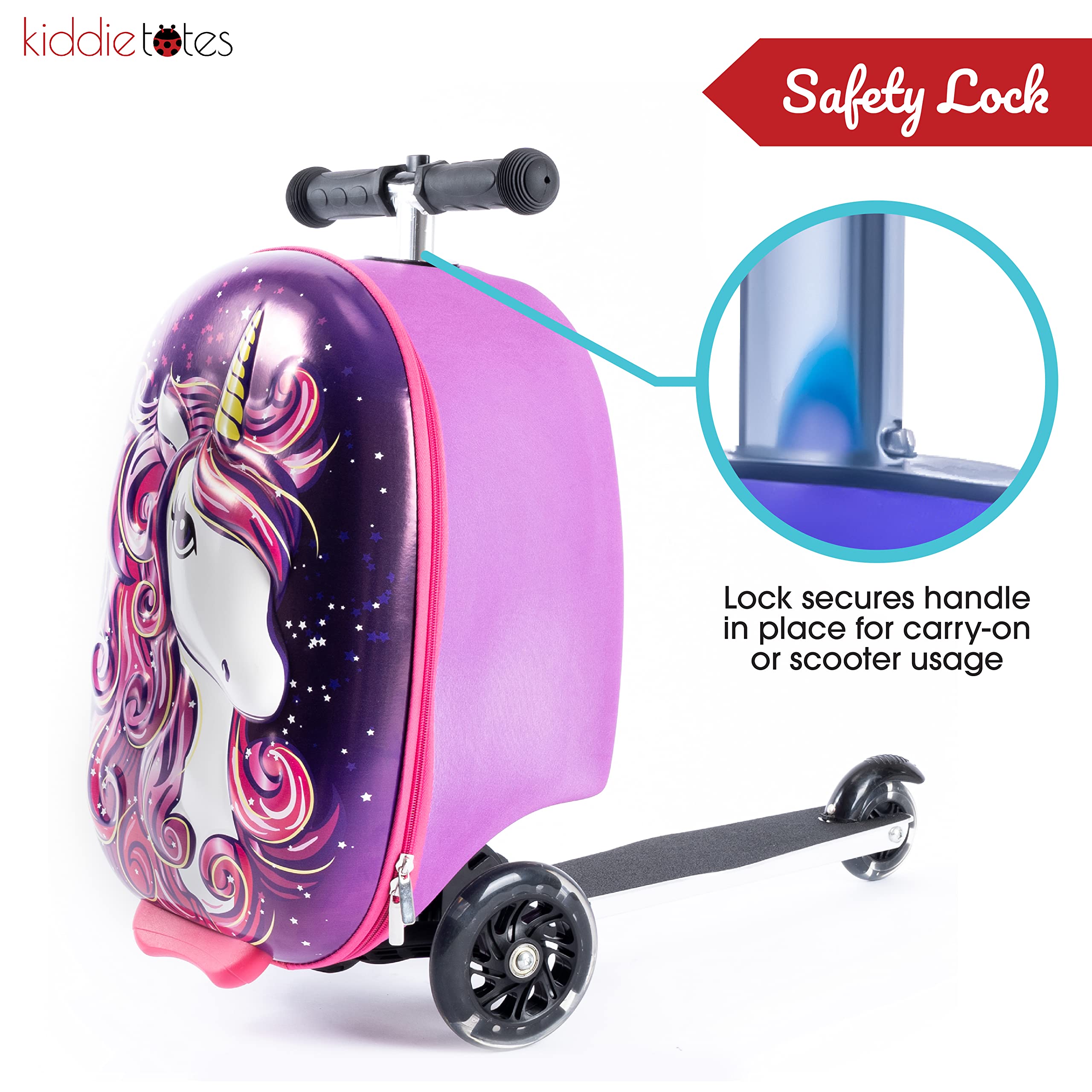 Kiddietotes 3D Hardshell Ride On Suitcase Scooter for Kids Cute