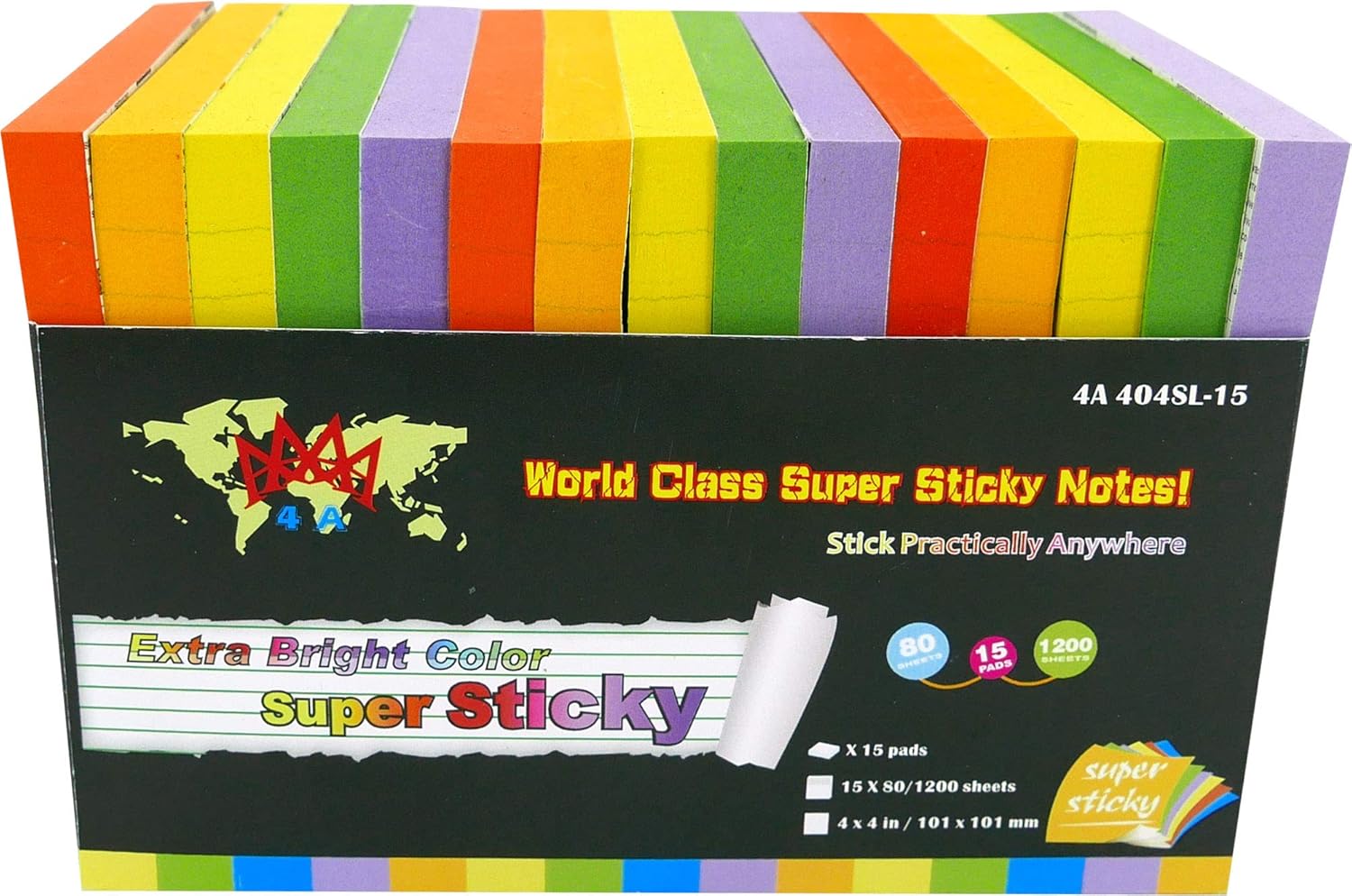 Super Sticky Notes,4 x 4 Inches,Extra Bright Colors Assorted,Lined,5 Colors,80 Sheets/Pad,15 Pads/Pack,4A 404SL-15