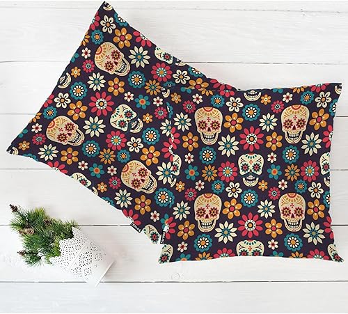Miniatura 5 de Swono Juego de 2 fundas de almohada del Día de los Muertos, diseño de calaveras de azúcar mexicanas, flores, esqueleto, decorativas, 18 x 18