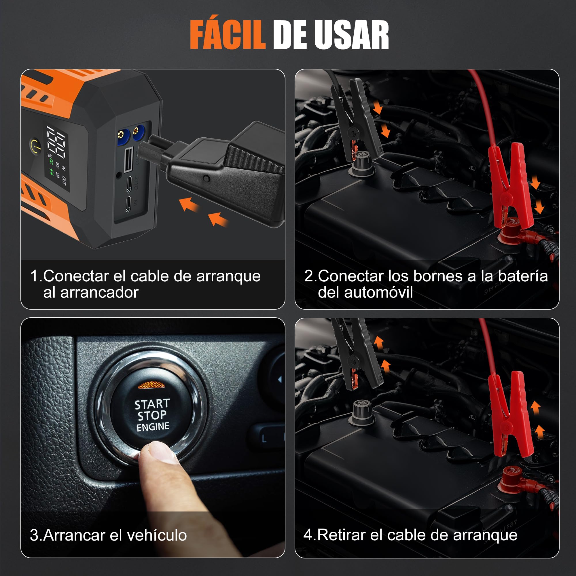 Arrancador de Baterias de Coche 3000A 26640mWh, Carga Rápida 20W, Booster Bateria 12V (para Gasolina o Diésel), Arrancador de Coches Portatil con Pantalla y Linterna LED de 4 Modos