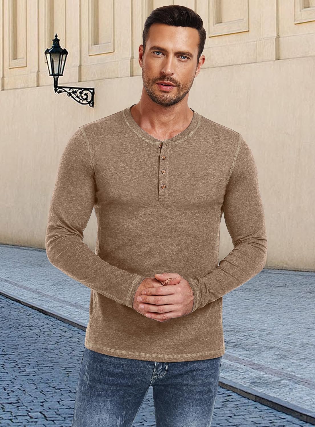 PEGENO Men's Casual Henley Shirt Soft Stretch Long Sleeve T-Shirt Lightweight Henley Pullover Basic Solid Plain Tshirt Vg-Khaki Large - Image 5