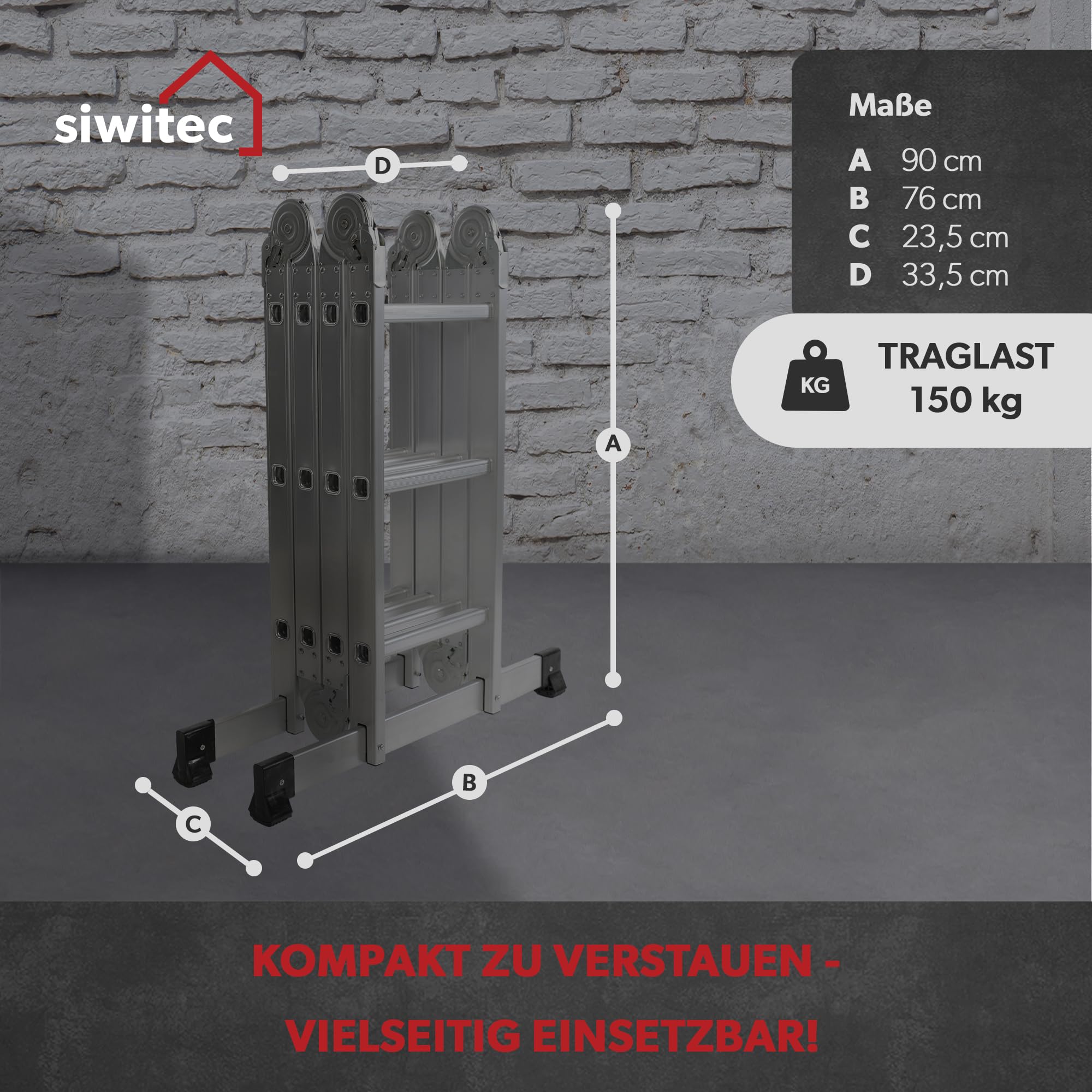 siwitec Scala multiuso 4 x 3 gradini, scala con 2 piastre di ponteggio, scala a pioli fino a 150 kg, scala in alluminio, scala domestica, 12 gradini, certificata TÜV/GS