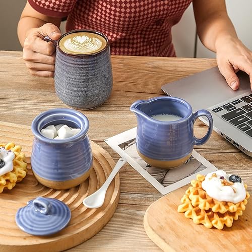 Miniatura 3 de Hasense Juego de Azúcar y Crema con Tapa y Cuchara, Recipiente de Crema de Porcelana y Juego de Tazones de Azúcar para Encimera, Juego de Servir