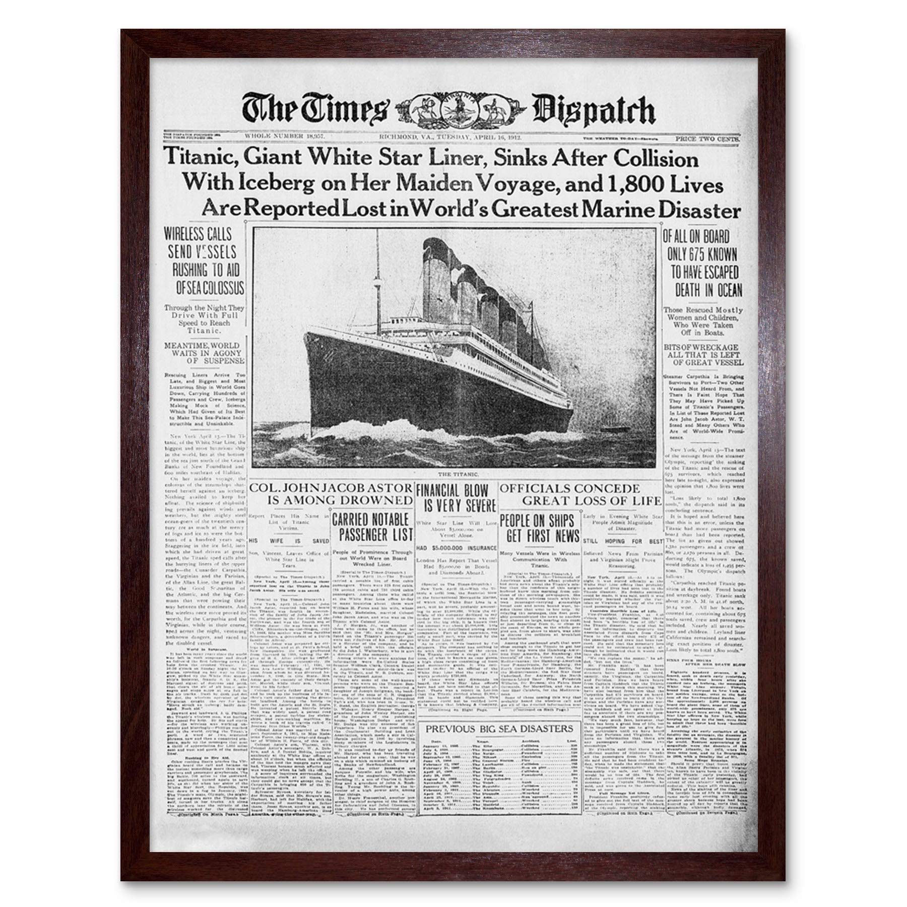 Newspaper Front Sheet Page Titanic Disaster 1912 Times Despatch Art Print Framed Poster Wall Decor 12x16 inch