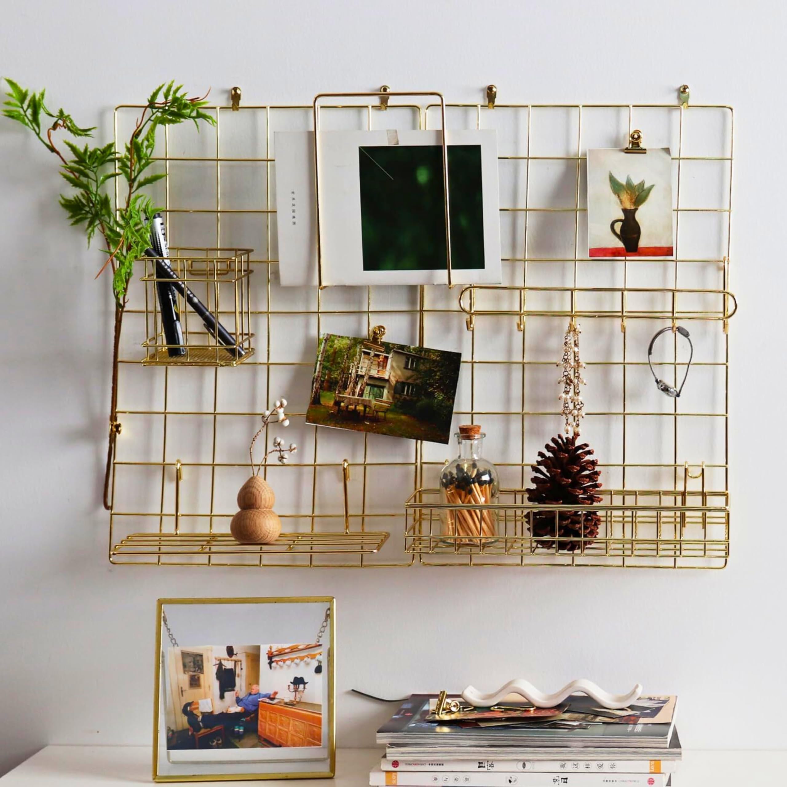 Steel Wall Grid Photo Frame for Wall with 10 Wooden Deginer Clips | DIY Metal Mesh Wire Grid for Photo Display, Wall Decor, Memo Organizer | Aesthetic Room Decoration for Home, Living Room & Office (Golden, 65x45cm)