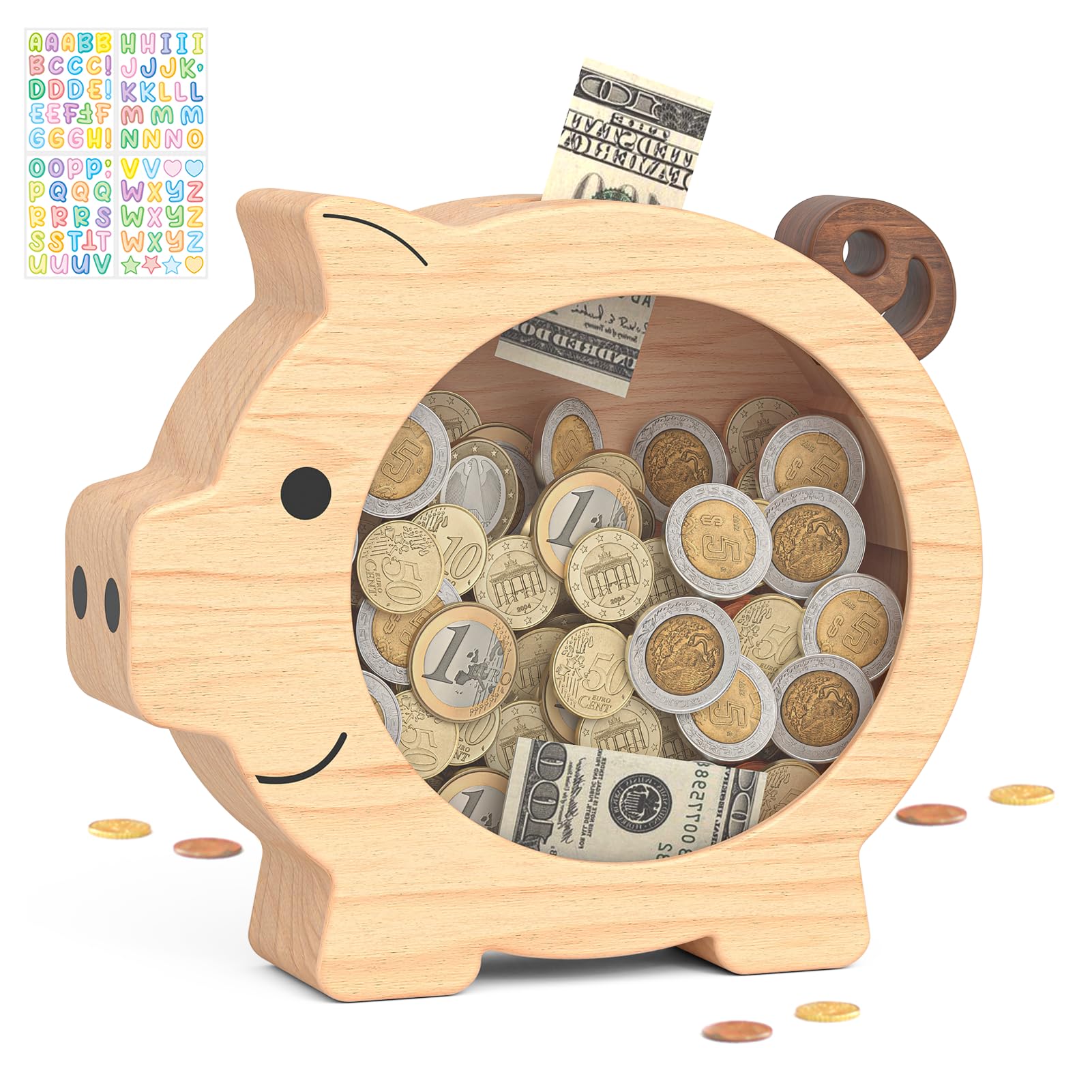 Summidate Personalised Wooden Piggy Bank with DIY Letter and Clear Window
