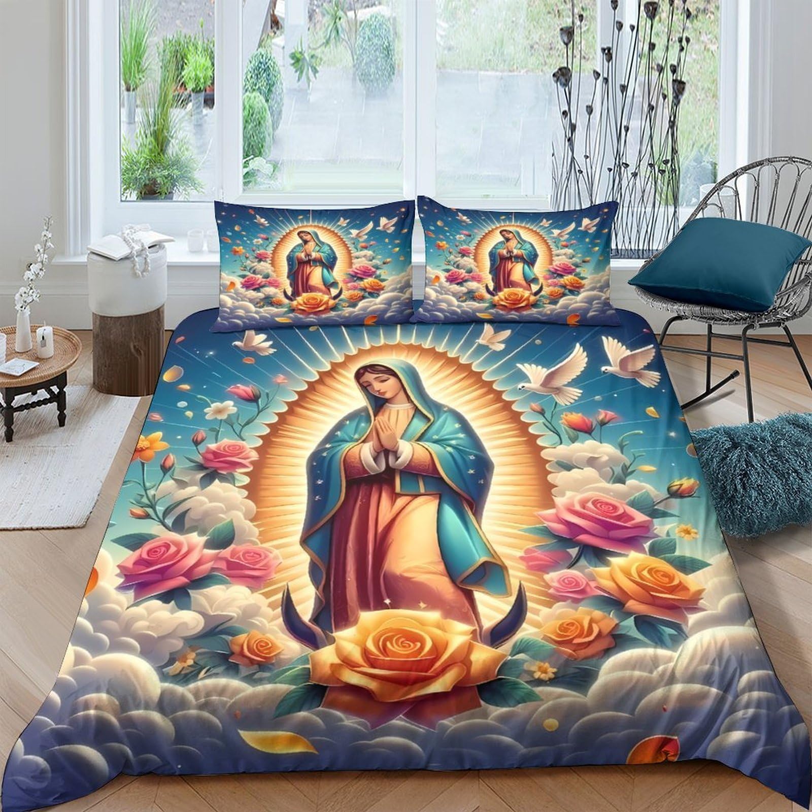 Ctjqhvkz Style-6 3D Printed Virgin Mary Fitted Sheet Microfiber Soft Clouds Flowers Bed Cover For Bedroom Dorm Mattress Decor Single（135X200cm）