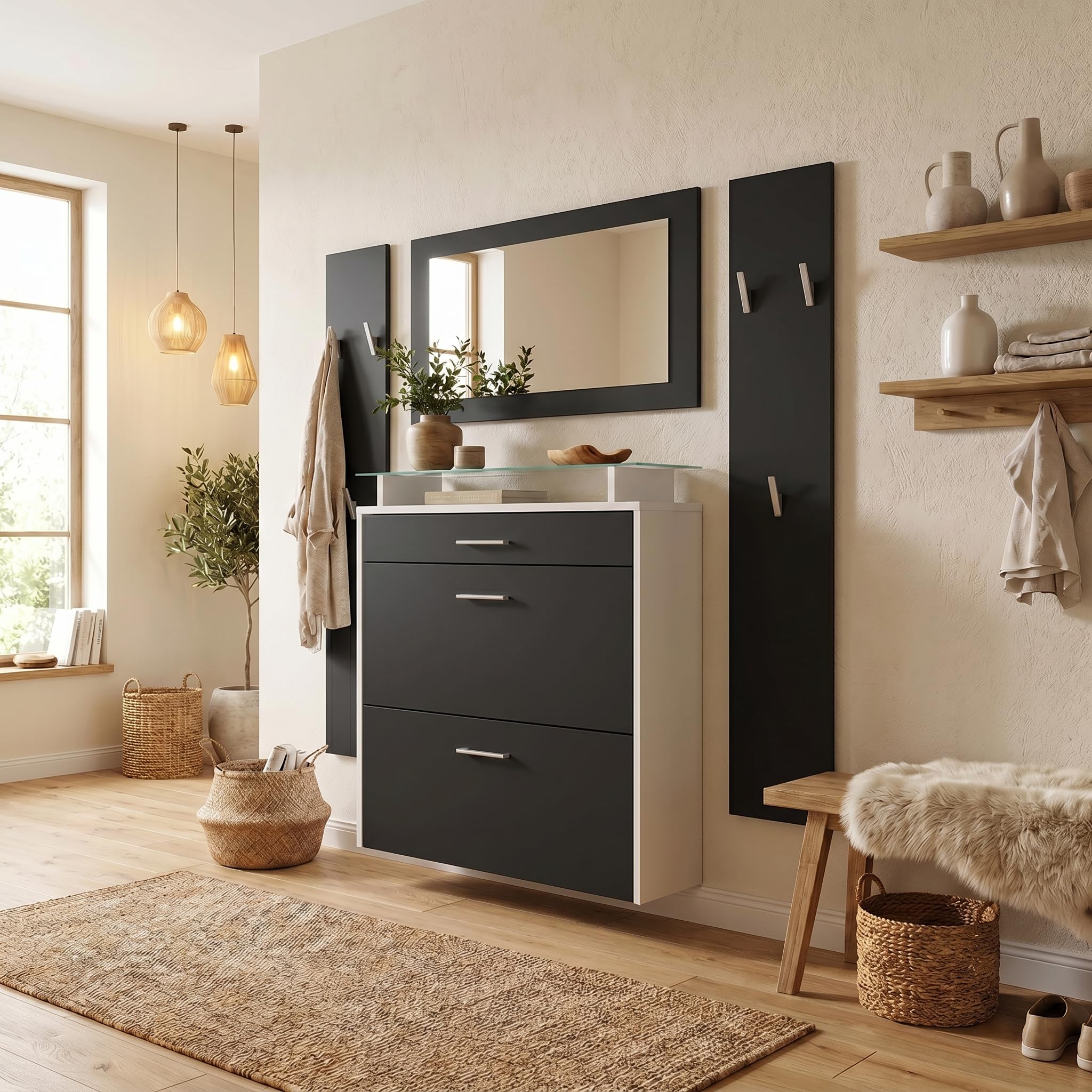 Vladon Garderobe Malea Garderobenset Weiß matt Schwarz matt