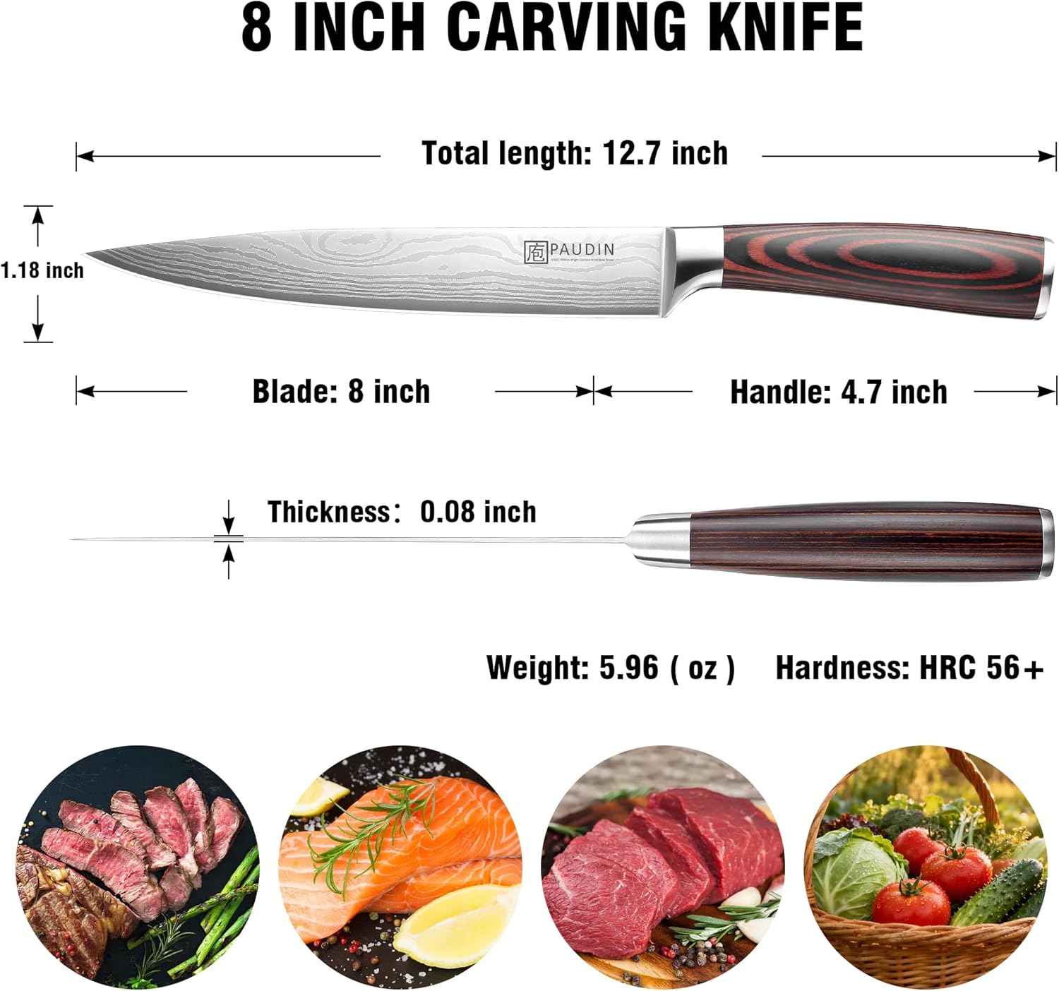 PAUDIN Carving Knife 8 inch, Ultra Sharp Brisket Slicing Knives, Premium Meat Cutting Knives German Stainless Steel, BBQ Knife with Ergonomic Handle, for Slicing Roast, Meats and Vegetables