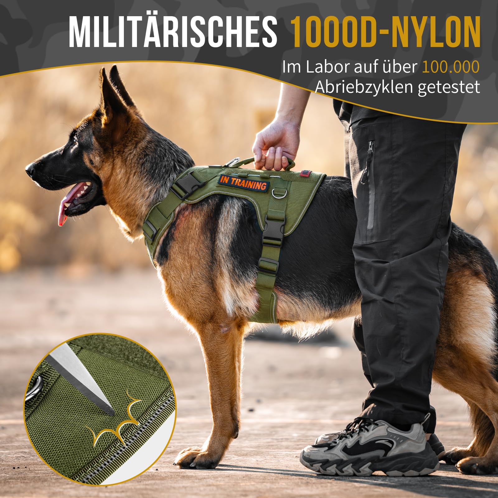 OneTigris Hundegeschirr Große Hunde, TACTILITE Taktisches Langlebig Anti Zug Geschirr, No Pull Verstellbar Brustgeschirr mit 4 D-Ringe, Reflexstreifen Grün XL