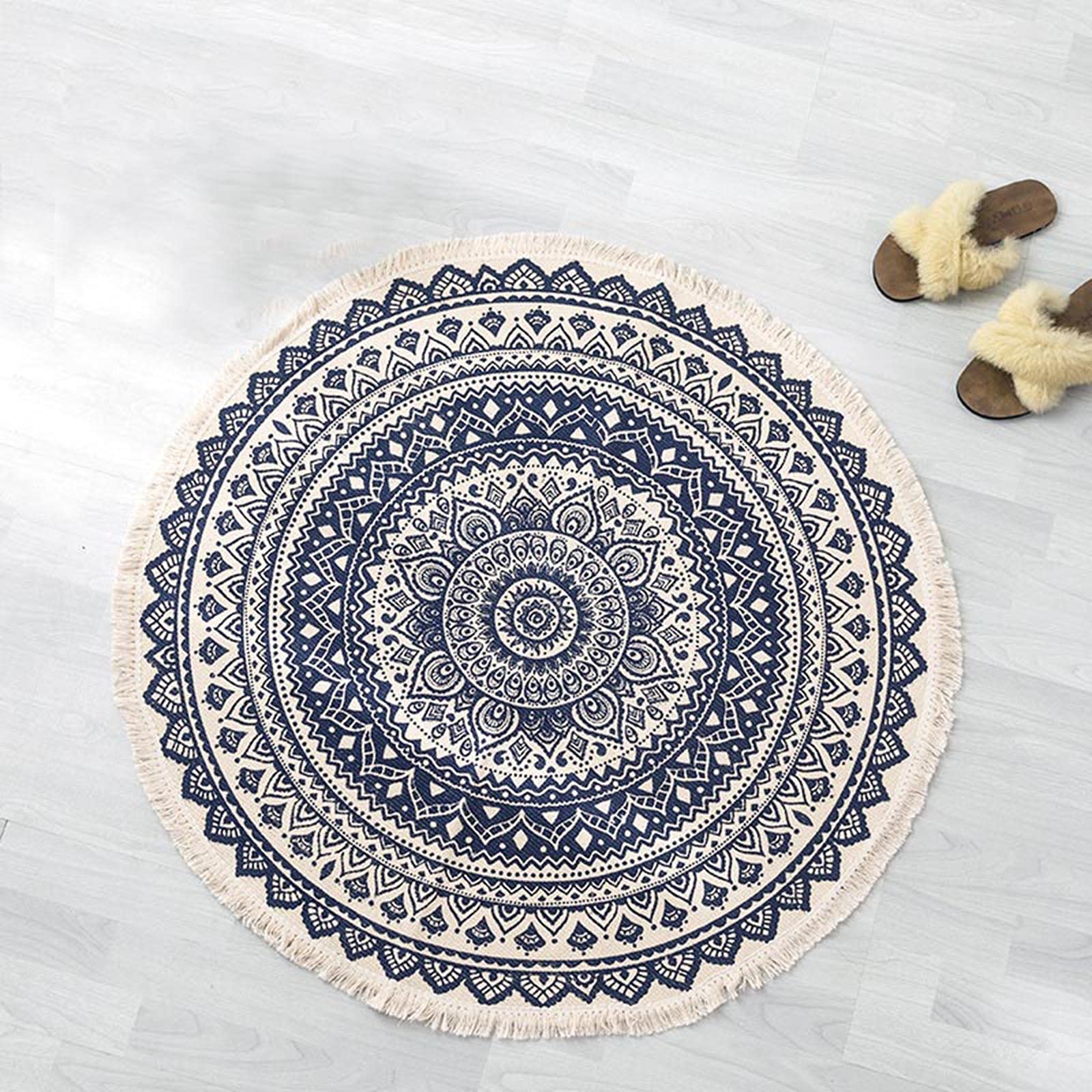Hhzy Blue Cotton Rugs Round Washable Chic Bohemian Mandala Hand Woven Round Rugs With Tassels Carpets Indoor Throw Floor Rug For Living Room Kids Room,,150Cm