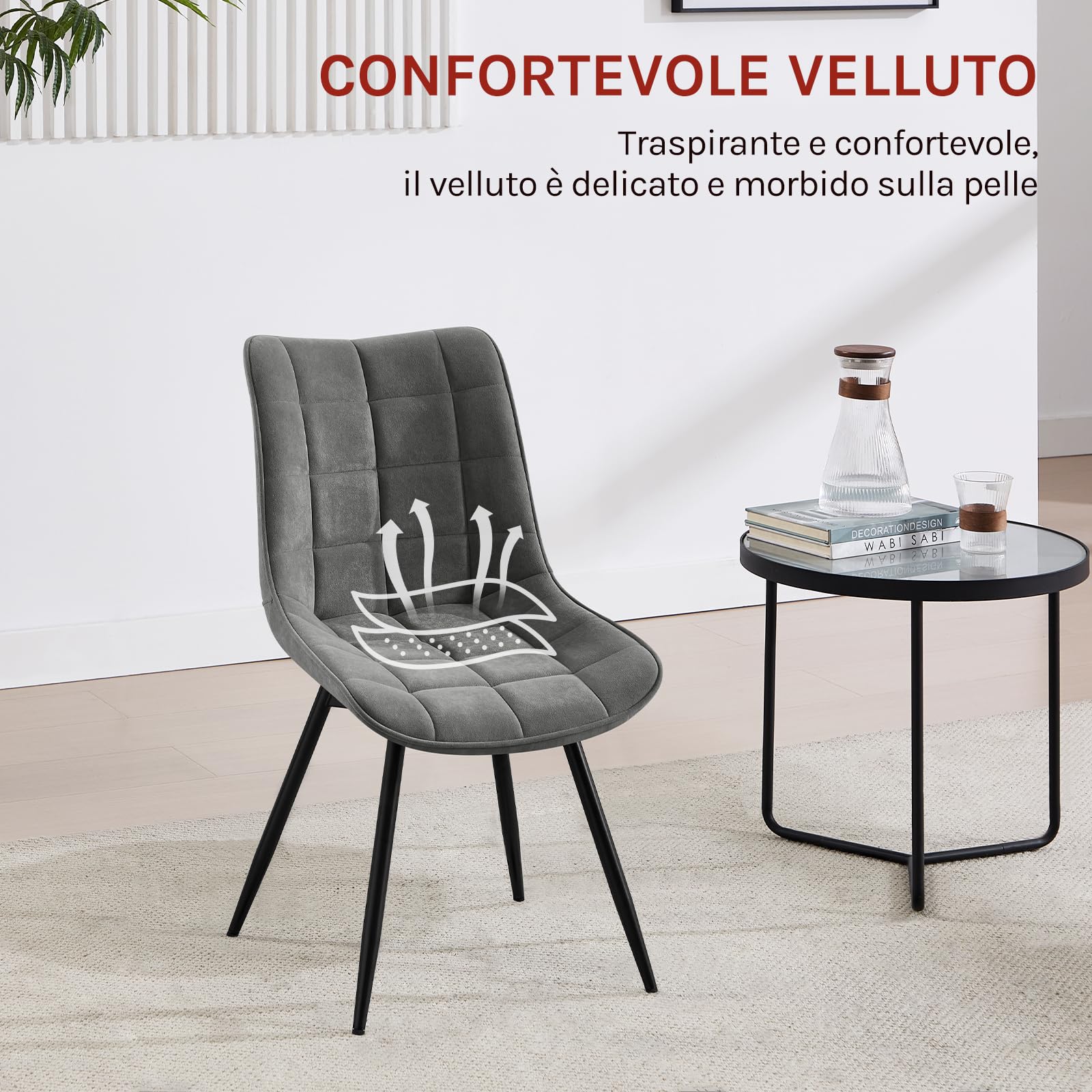 WOLTU Sedie da Pranzo Girevole Set di 4, Sedie da Cucina, con Sedile Imbottito, Schienale Alto, Gambe in Metallo, Tessuto in Velluto, Grigio Scuro